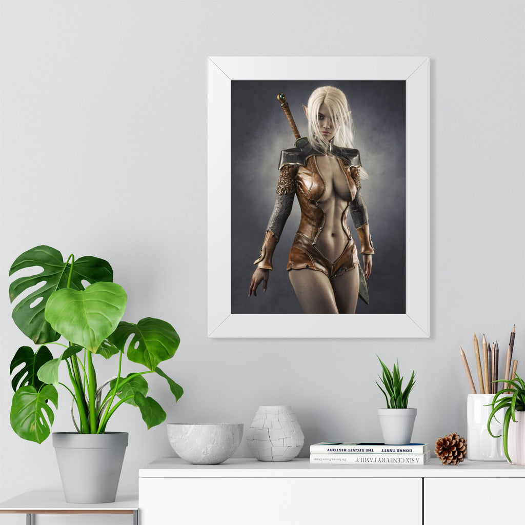 Framed Poster — Fantasy Warrior Woman Art Print (Vertical) - No AI - Human created illustration art