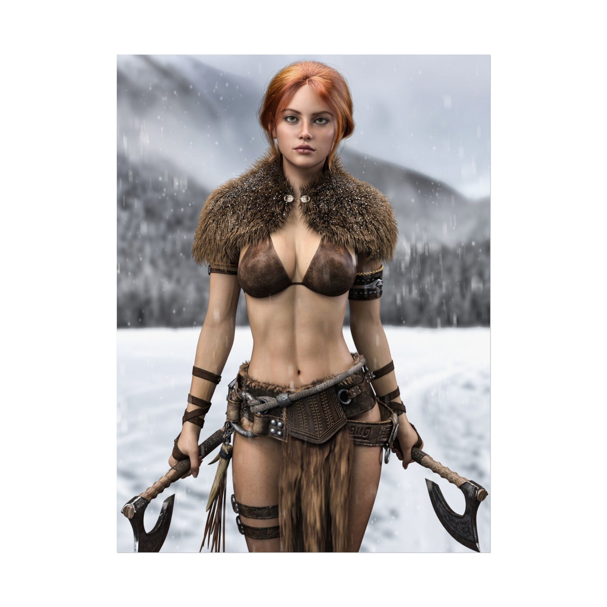 Viking Warrior Woman Fine Art Poster — Red-Haired Norse Axe Fighter Print- No AI- Human created illustration art