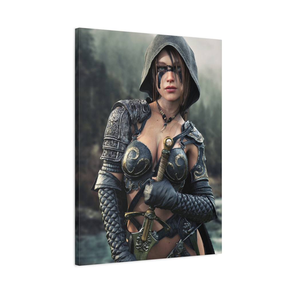 Fantasy ranger wall art featuring a hooded female warrior with face paint, ornate armor, and sword against a misty forest backdrop for fantasy decor.