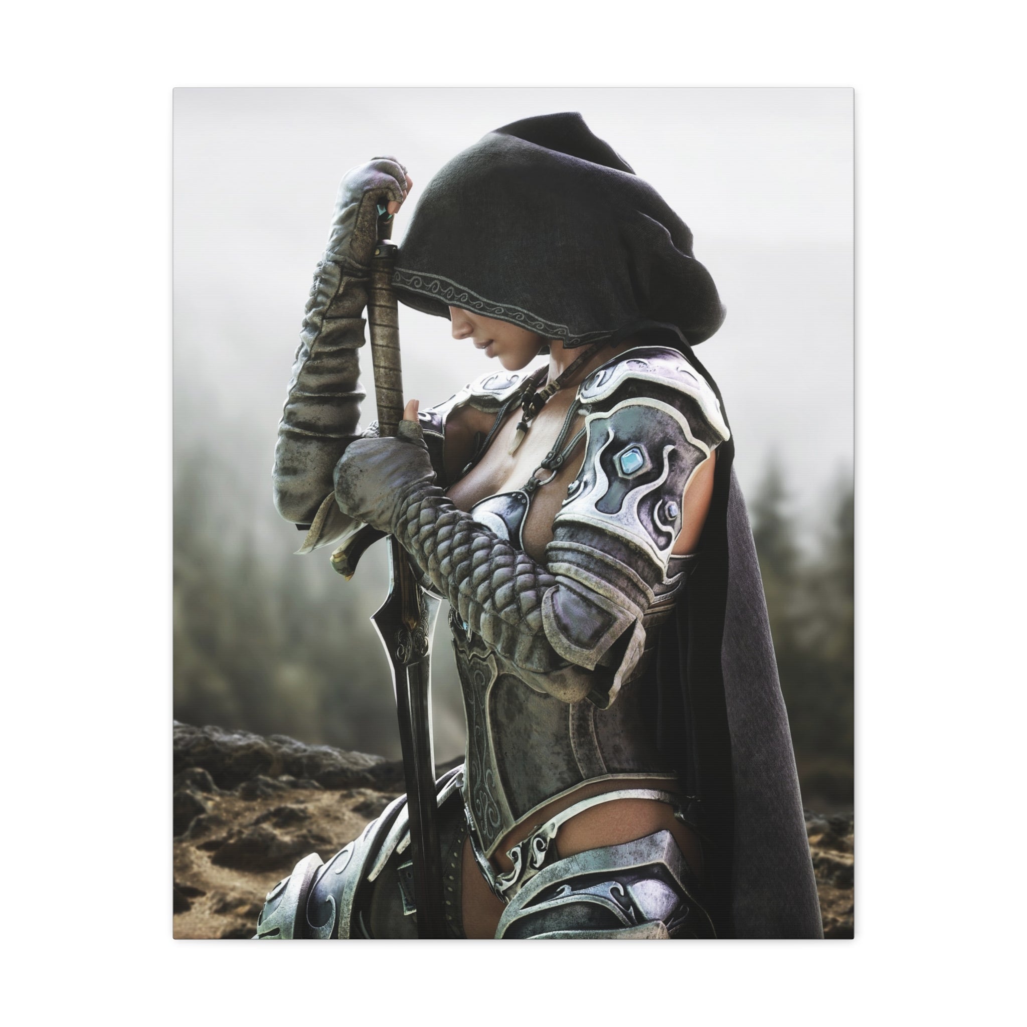 Fantasy Warrior Canvas Print — Hooded Female Knight Matte Stretched Wall Art- No AI- Human created fantasy art