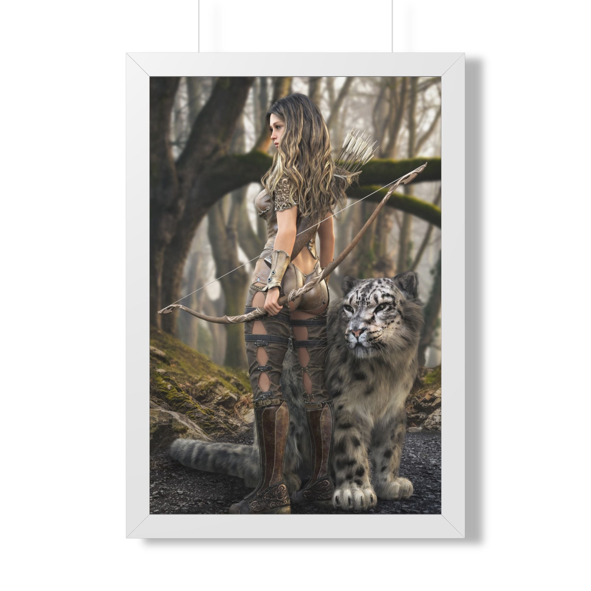 Framed Poster — Forest Huntress with Leopard Fantasy Art