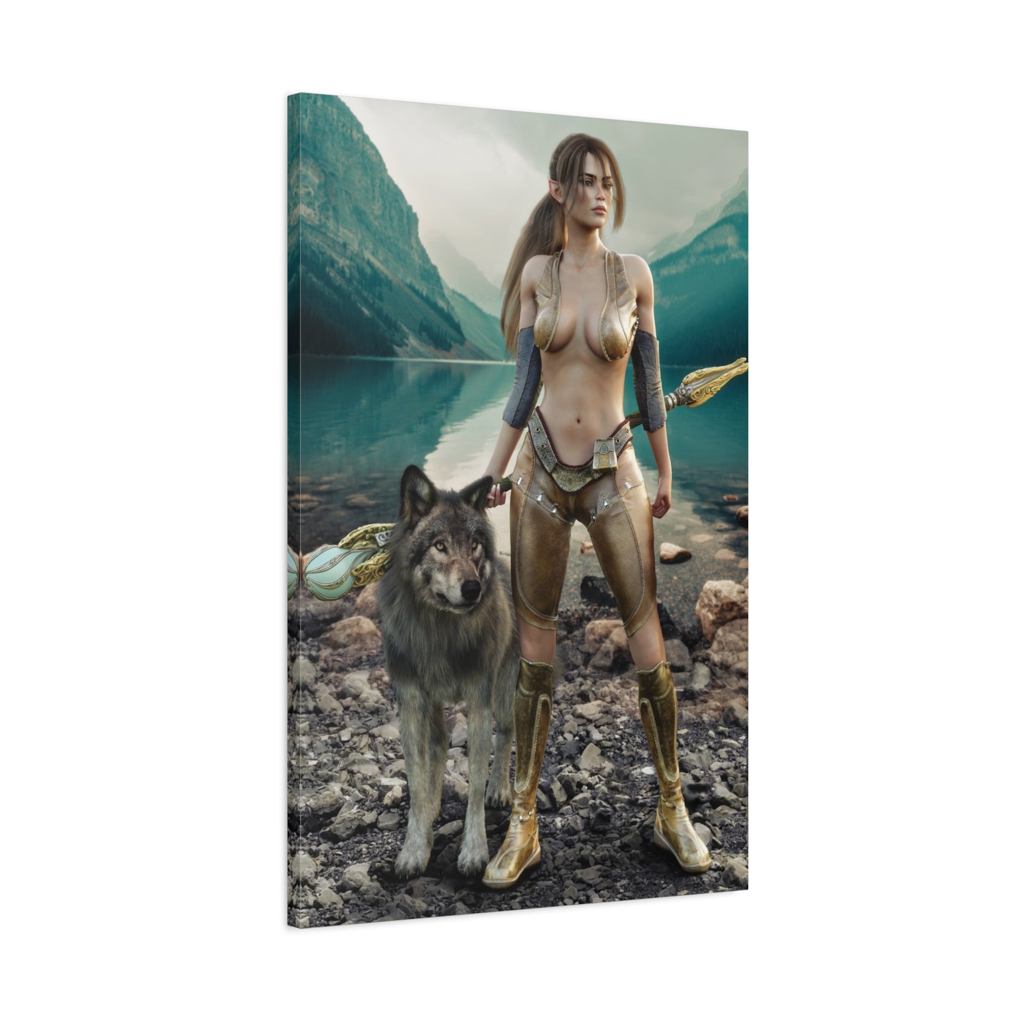 Druid and Wolf Fantasy Canvas Wall Art | Elven Guardian Nature Warrior