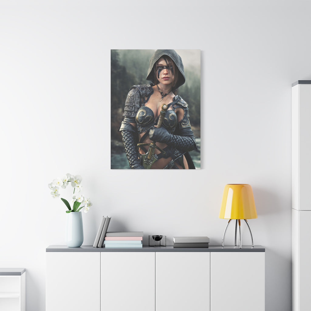 Fantasy ranger wall art featuring a hooded female warrior with face paint, ornate armor, and sword against a misty forest backdrop for fantasy decor.