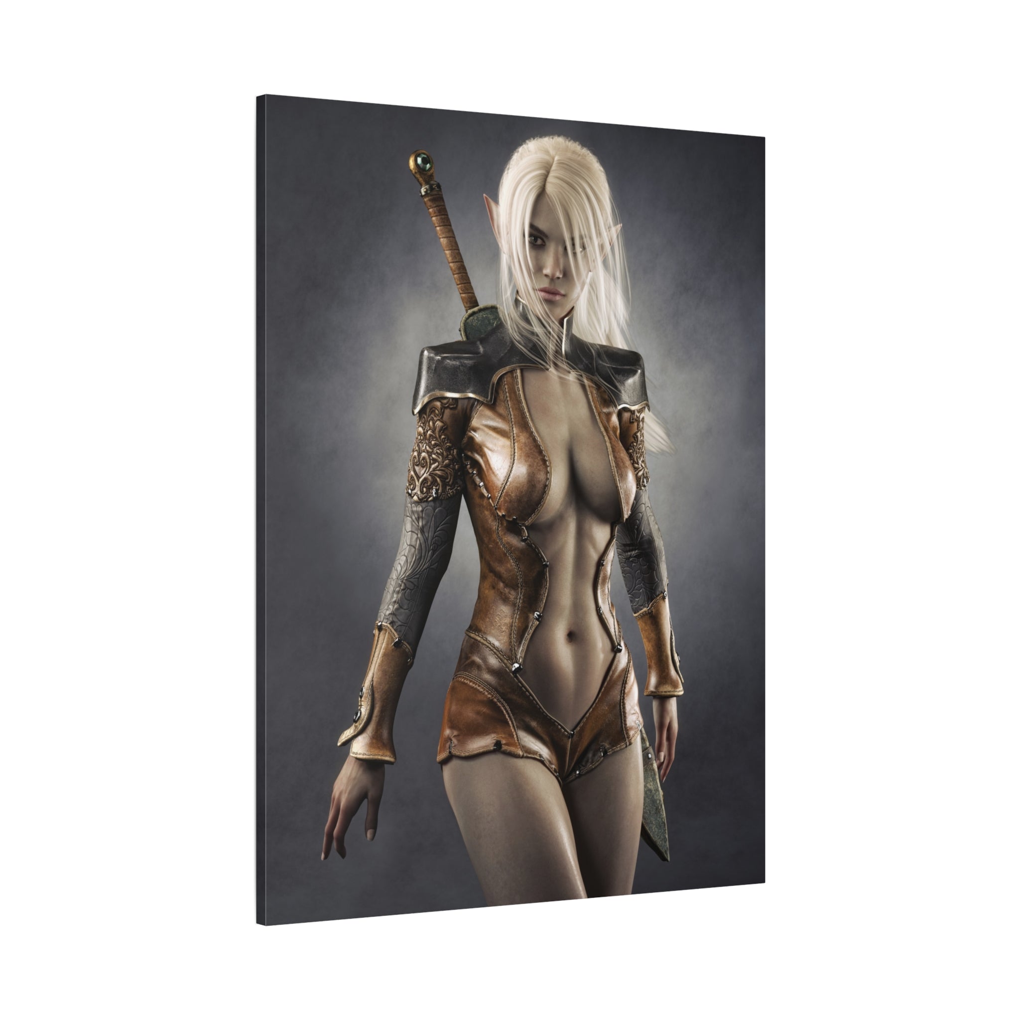 Fantasy Warrior Elf Canvas Print — Sexy Female Swordfighter Matte Stretched Art- No AI- Human created illuration art