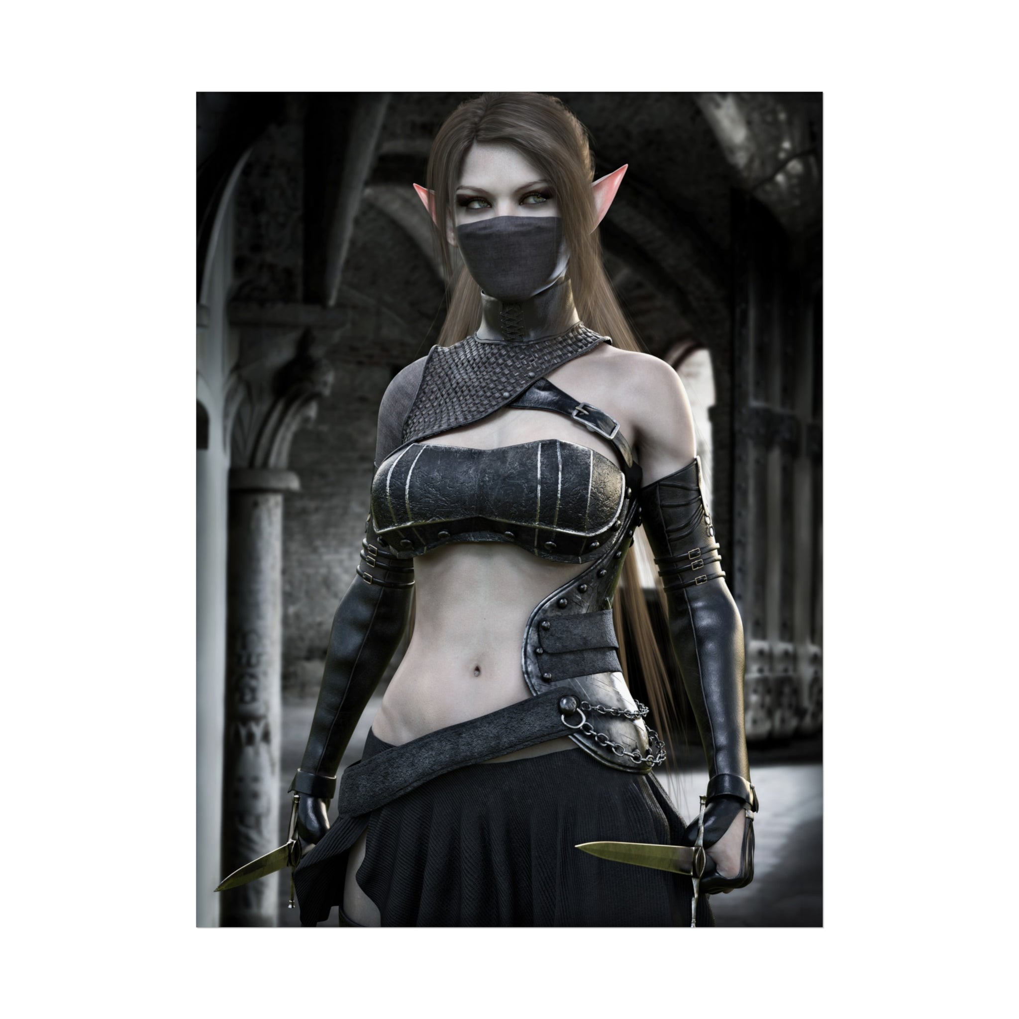 Fantasy Assassin Elf Fine Art Poster — Dark Gothic Elf Wall Art Print- NO AI -Human created illustration Art
