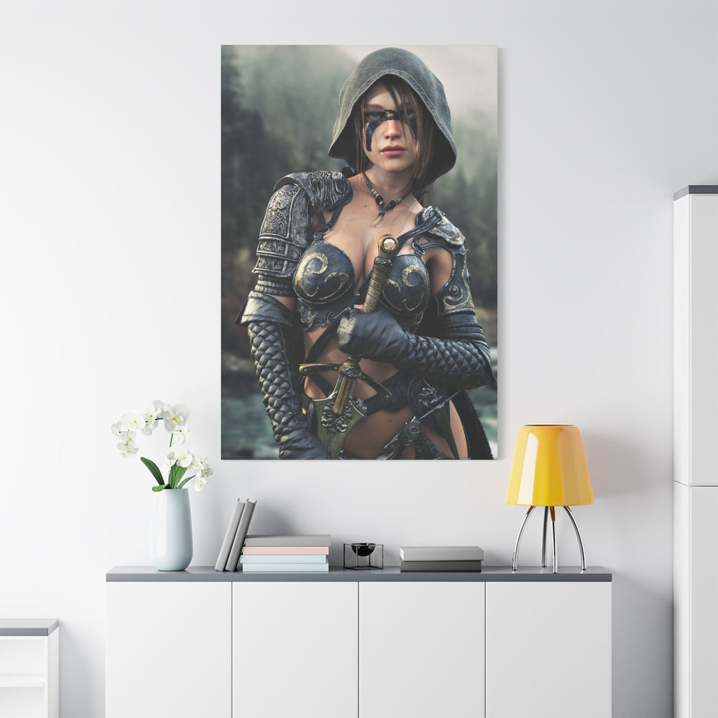 Fantasy ranger wall art featuring a hooded female warrior with face paint, ornate armor, and sword against a misty forest backdrop for fantasy decor.