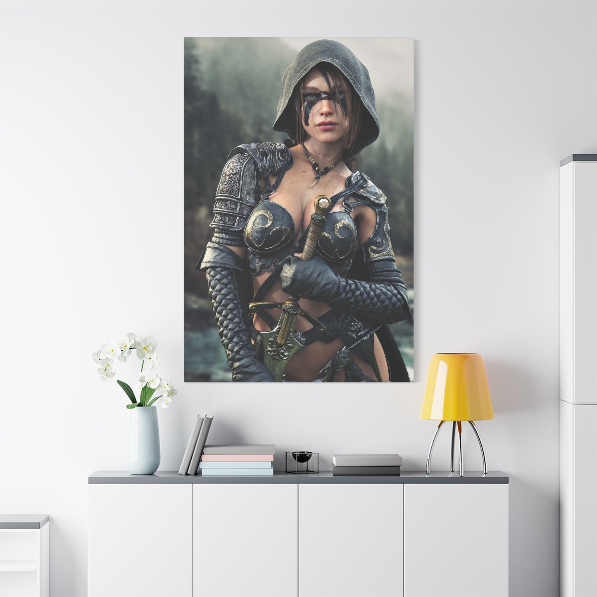 Fantasy ranger wall art featuring a hooded female warrior with face paint, ornate armor, and sword against a misty forest backdrop for fantasy decor.