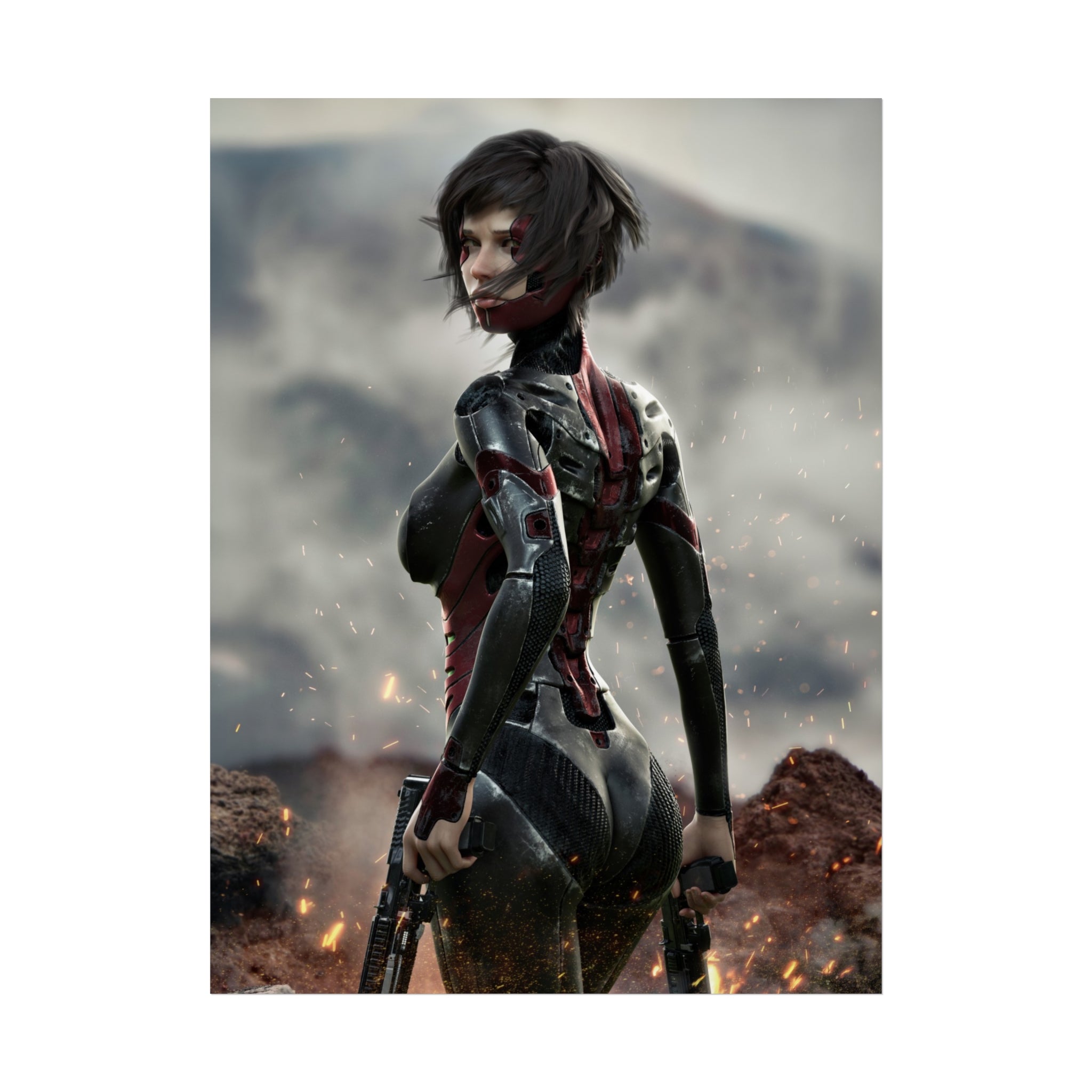 Sci‑Fi Warrior Fine Art Poster — Cybernetic Female Soldier Wall Art- No AI - Human created illustration art