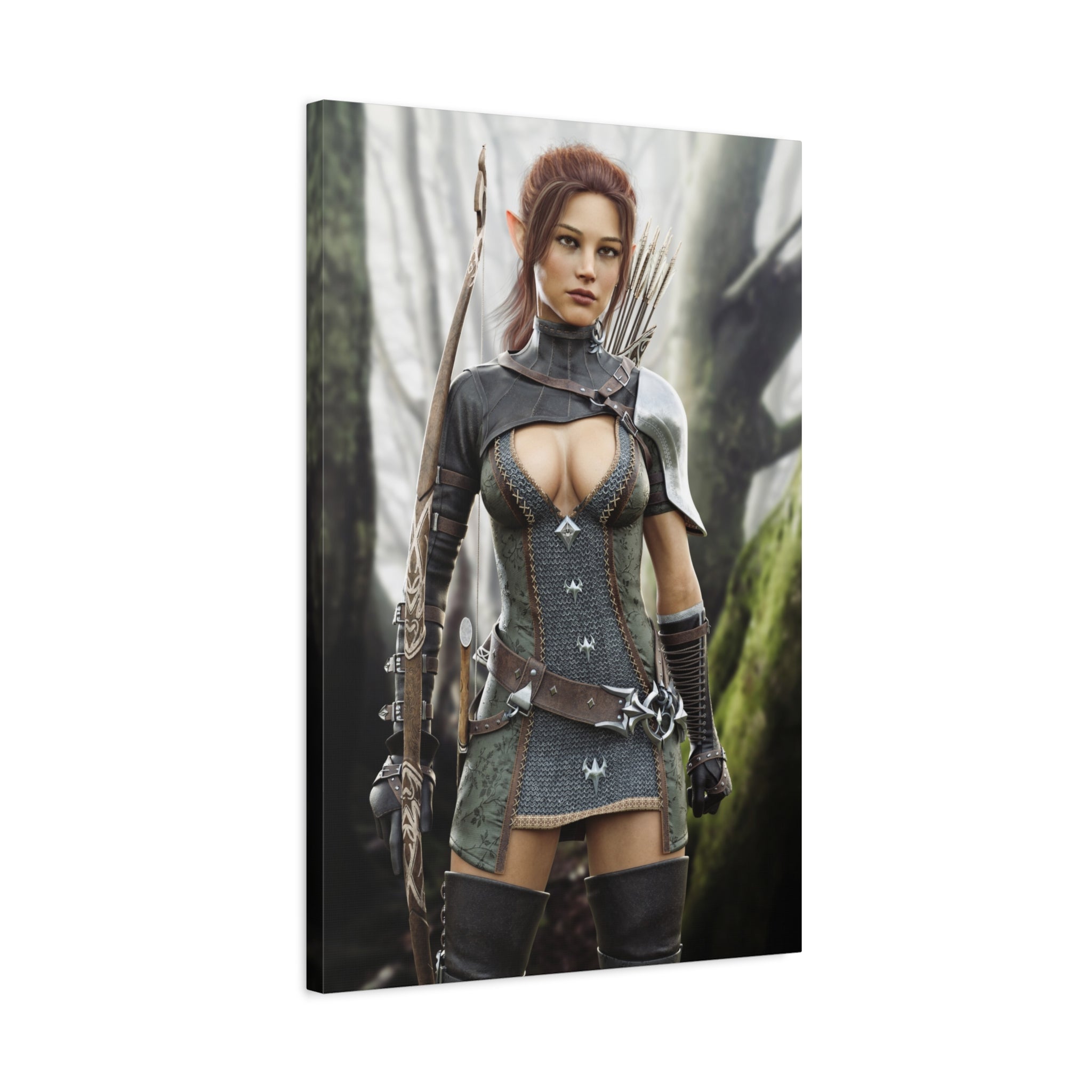 Fantasy Wood Elf Archer Warrior Canvas Print — Matte Stretched Wall Art - No Ai - human created illustration art