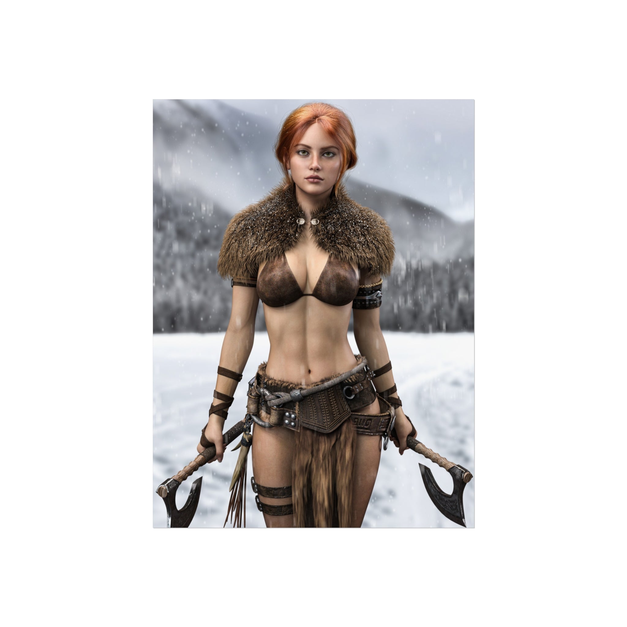 Viking Warrior Woman Fine Art Poster — Red-Haired Norse Axe Fighter Print- No AI- Human created illustration art