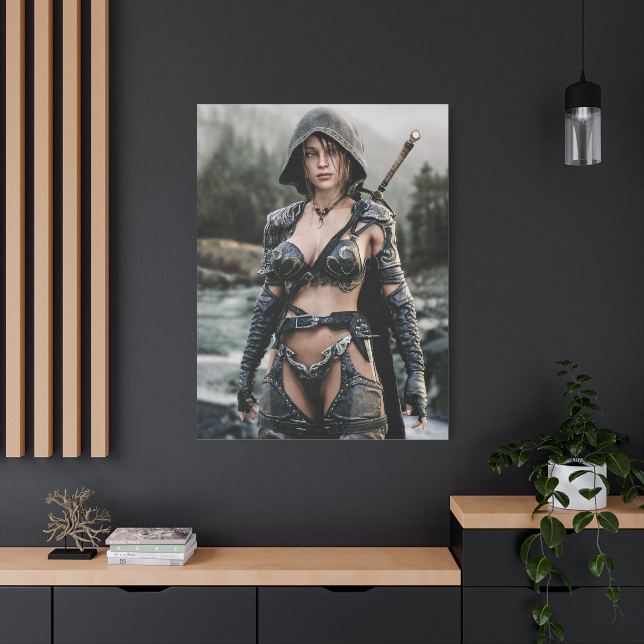 Female Warrior Ranger Fantasy Canvas Print - Matte Stretched Wall Art - No AI - Human created illustration art
