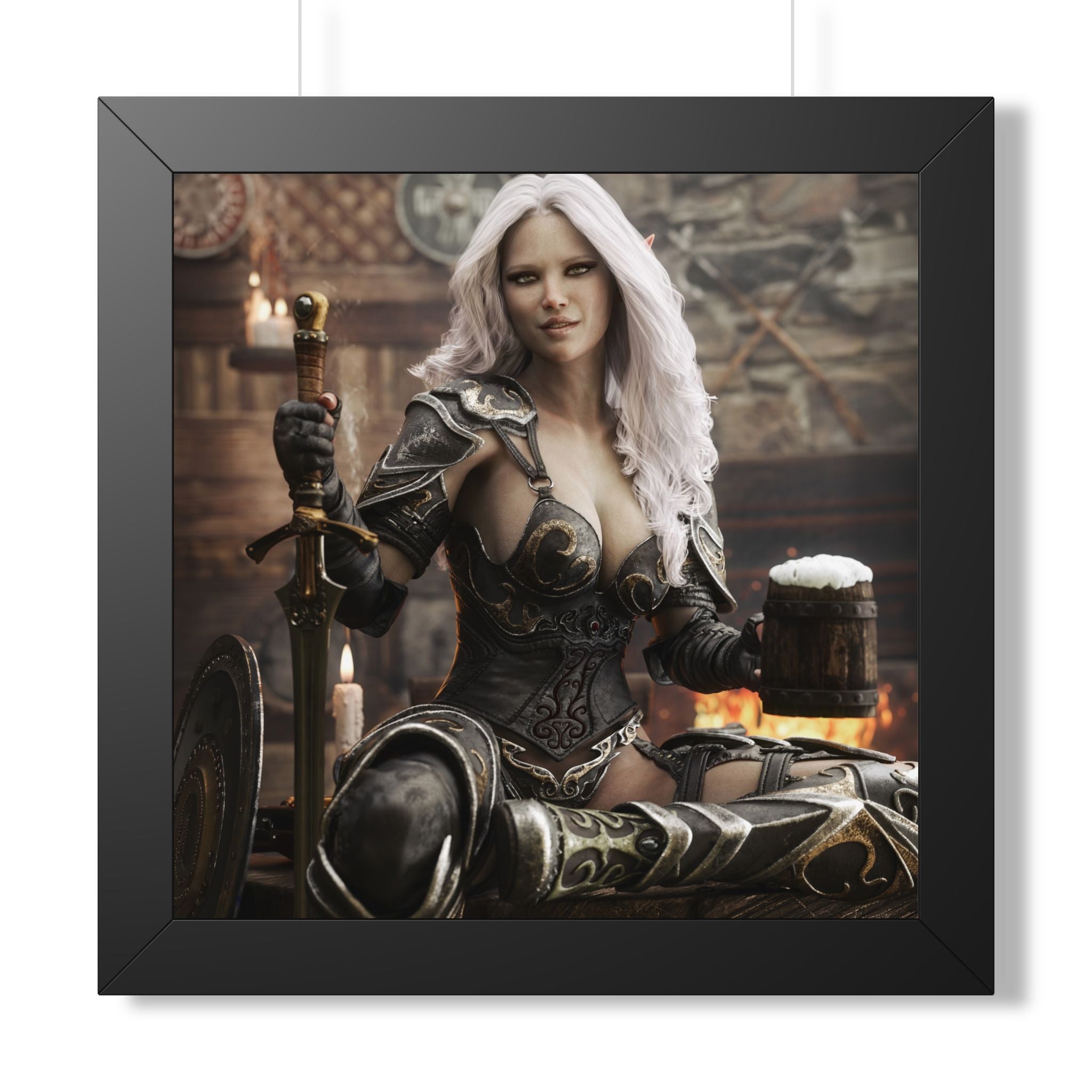 Fantasy Warrior Woman Framed Poster — Medieval Armor in Tavern Art Print- No AI- Human created illustration art