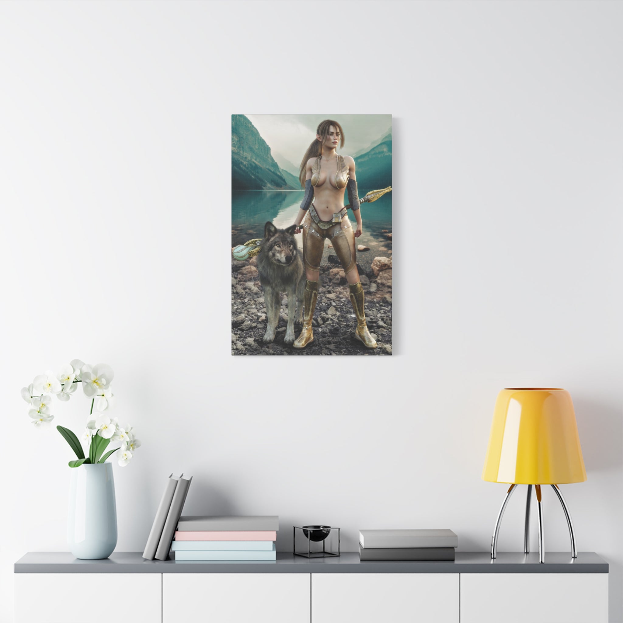 Druid and Wolf Fantasy Canvas Wall Art | Elven Guardian Nature Warrior