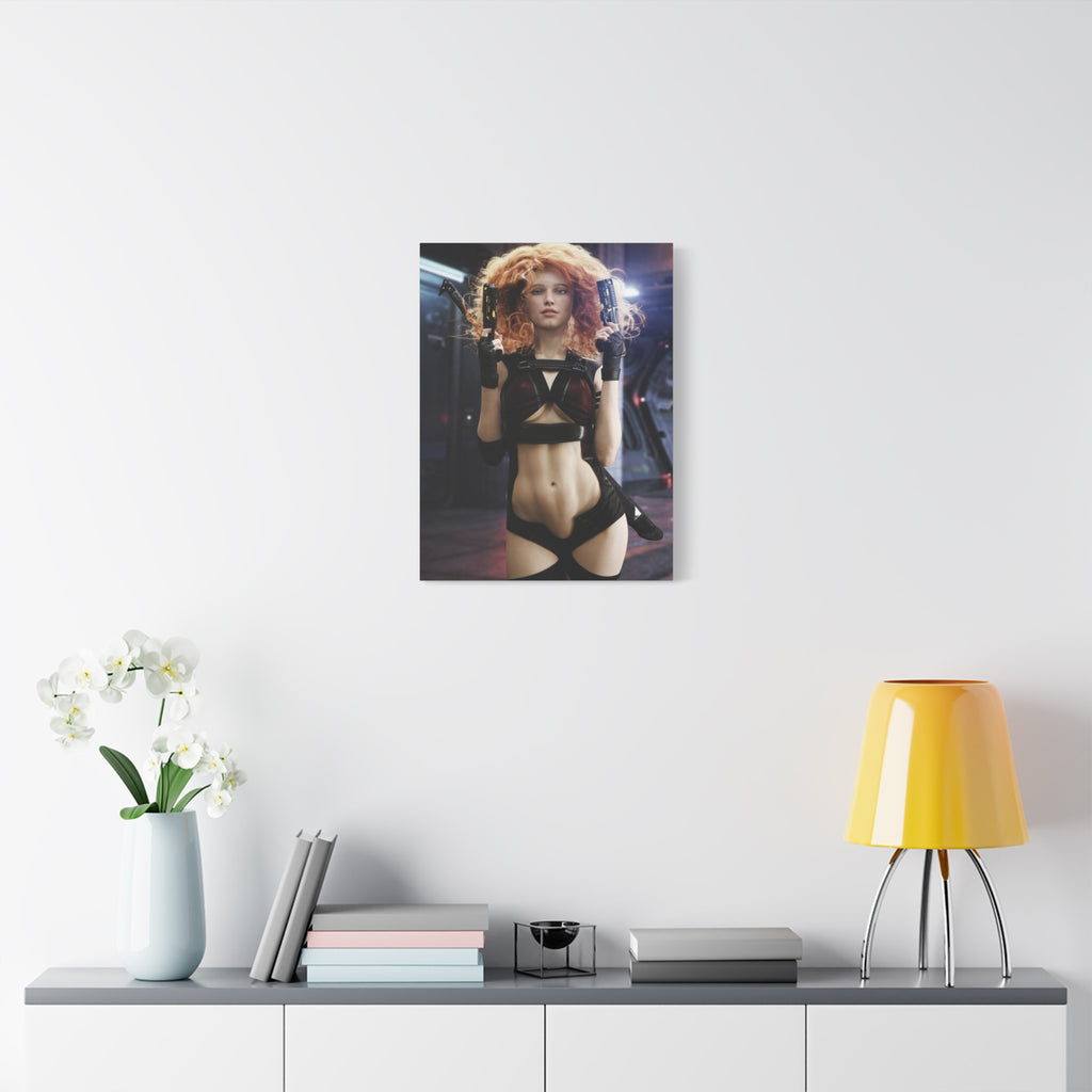 Sci‑Fi Femme Fatale Canvas Print — Red‑Haired Space Gunslinger Matte Stretched- No AI - Human created illustration art