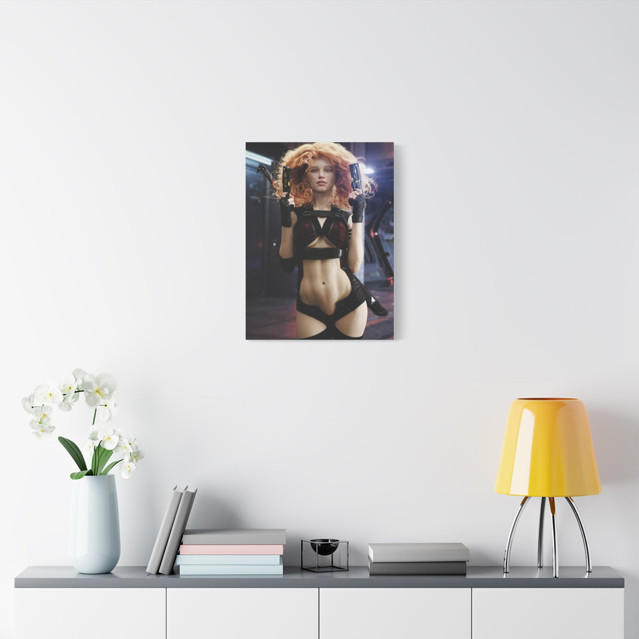 Sci‑Fi Femme Fatale Canvas Print — Red‑Haired Space Gunslinger Matte Stretched- No AI - Human created illustration art