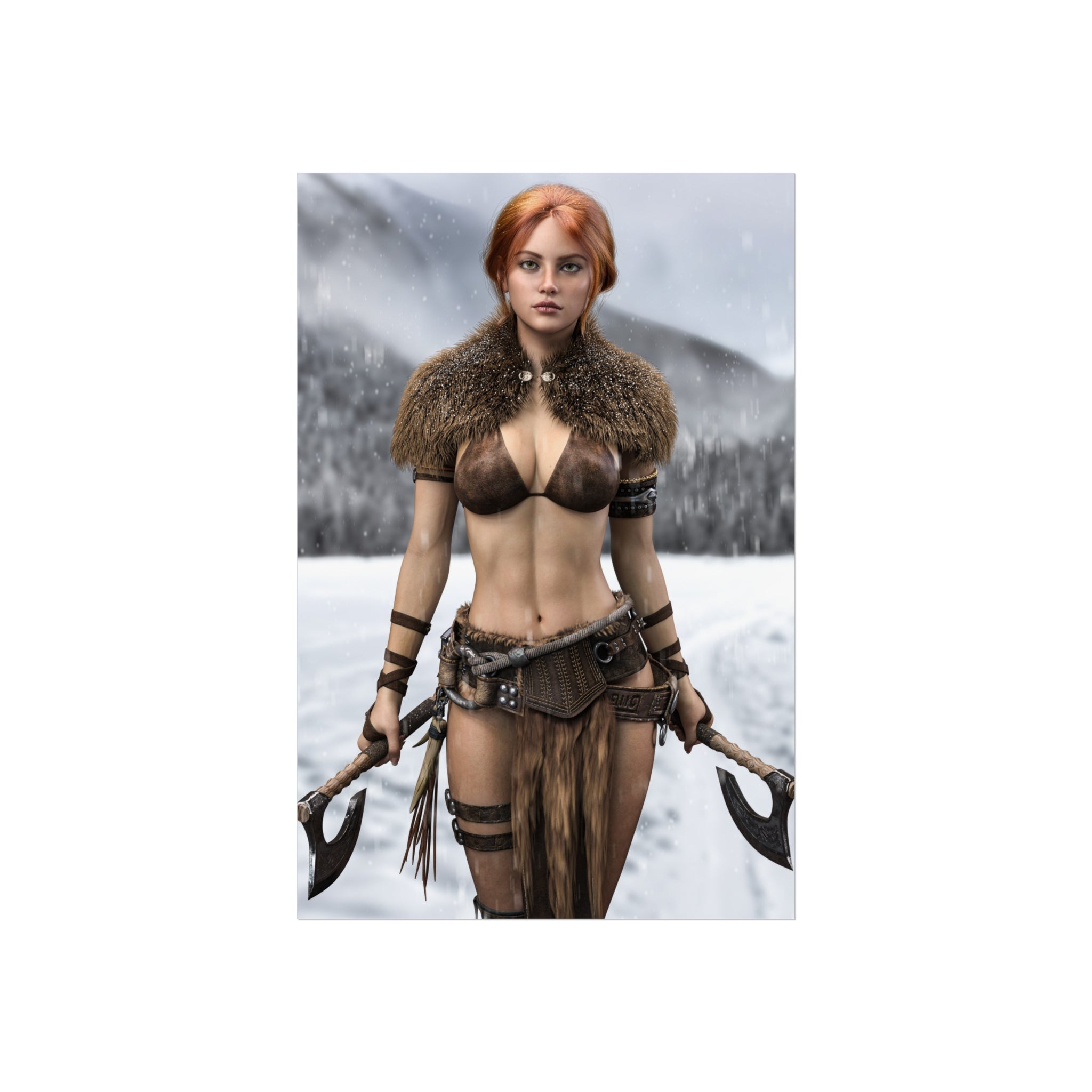 Viking Warrior Woman Fine Art Poster — Red-Haired Norse Axe Fighter Print- No AI- Human created illustration art