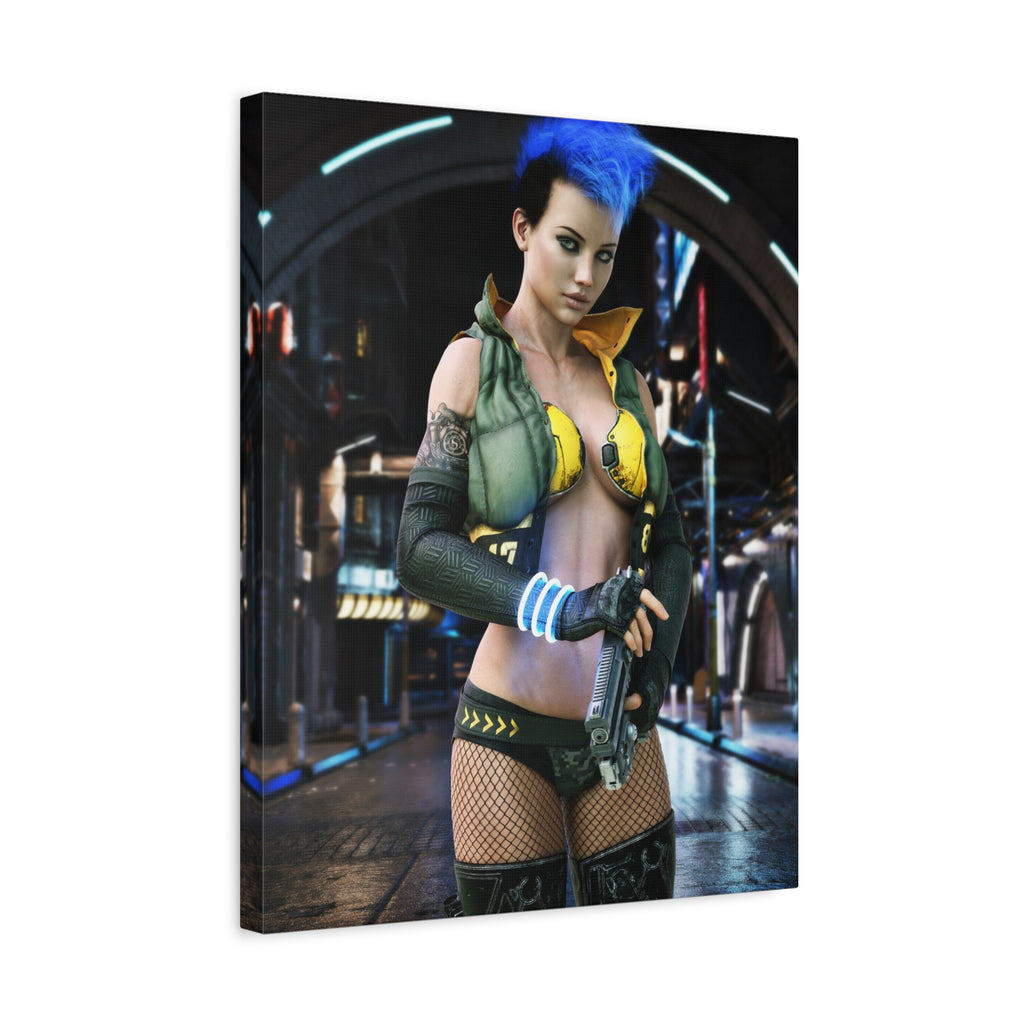 Cyberpunk Femme Fatale Canvas Print — Matte Stretched Wall Art -No AI- Human created illustration art