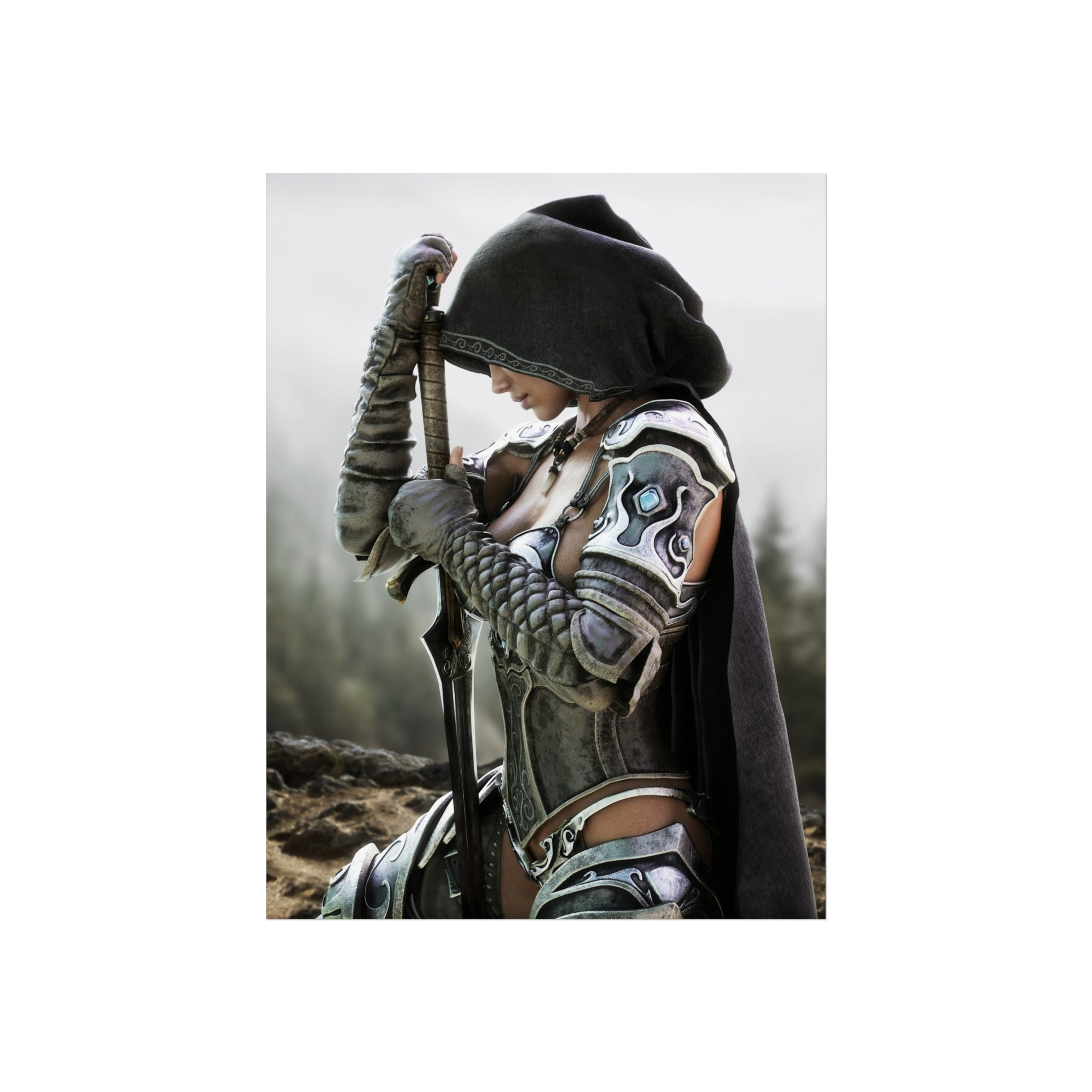 Fantasy Warrior Fine Art Poster — Hooded Female Knight Sword Wall Art - No AI- Human created illustration art