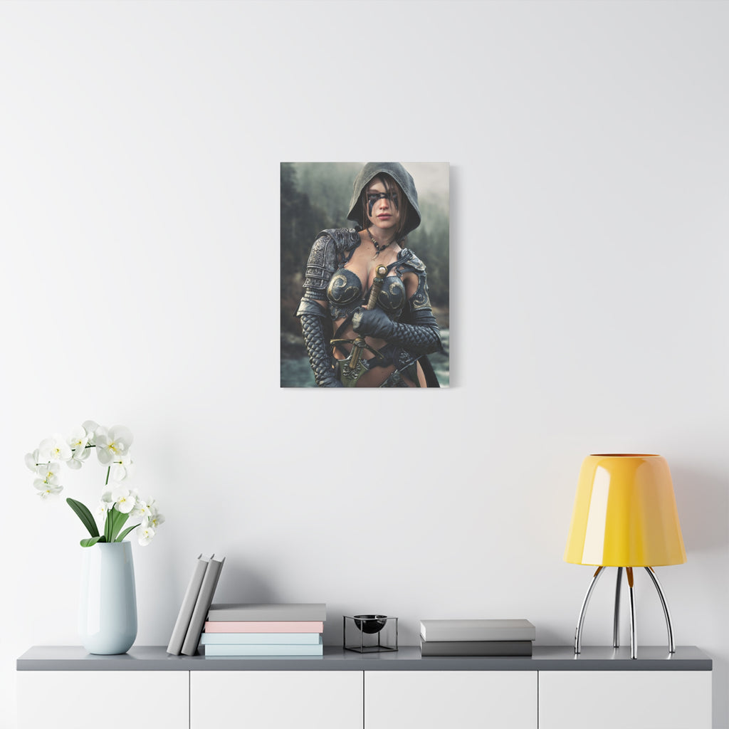 Fantasy ranger wall art featuring a hooded female warrior with face paint, ornate armor, and sword against a misty forest backdrop for fantasy decor.