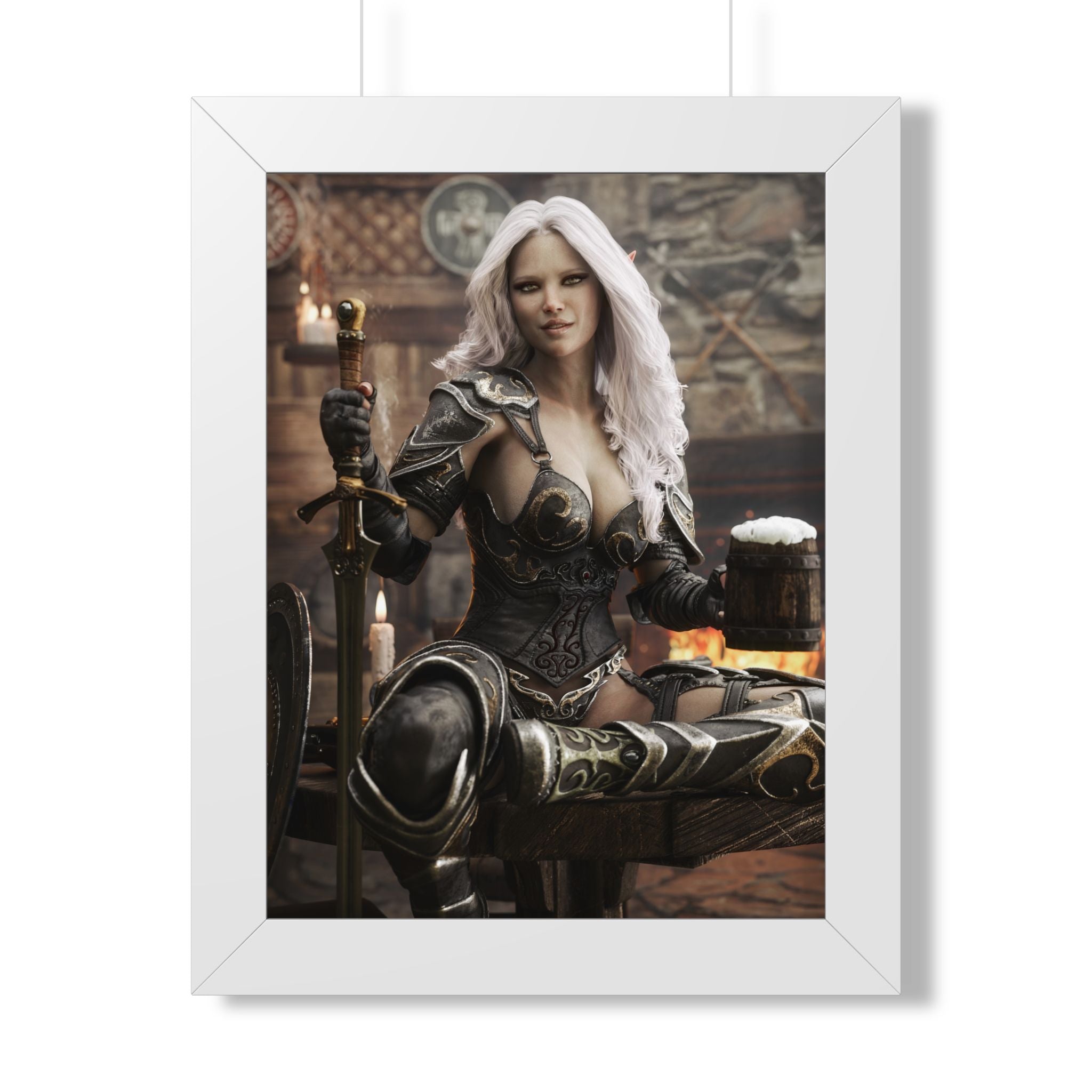 Fantasy Warrior Woman Framed Poster — Medieval Armor in Tavern Art Print- No AI- Human created illustration art