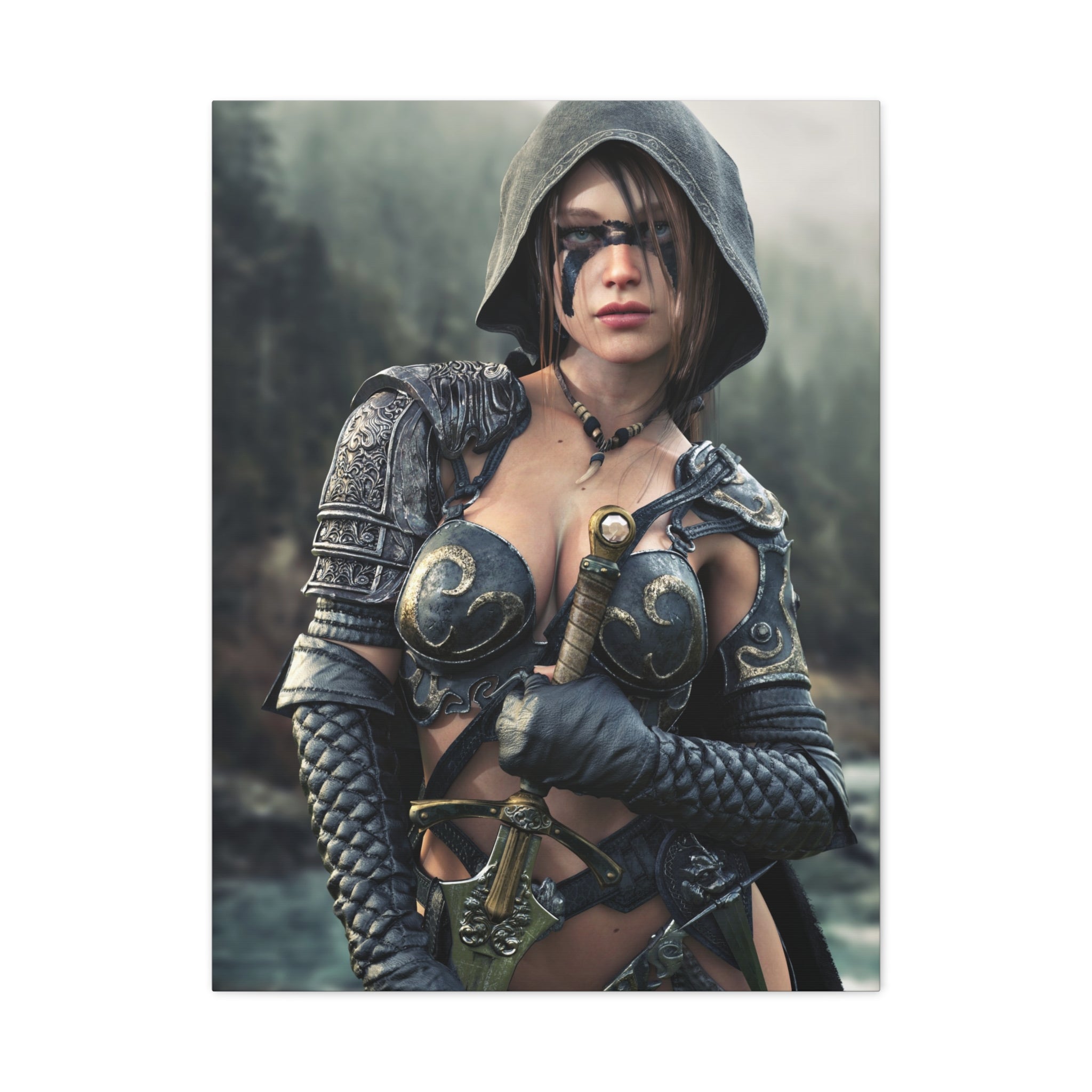Fantasy ranger wall art featuring a hooded female warrior with face paint, ornate armor, and sword against a misty forest backdrop for fantasy decor.