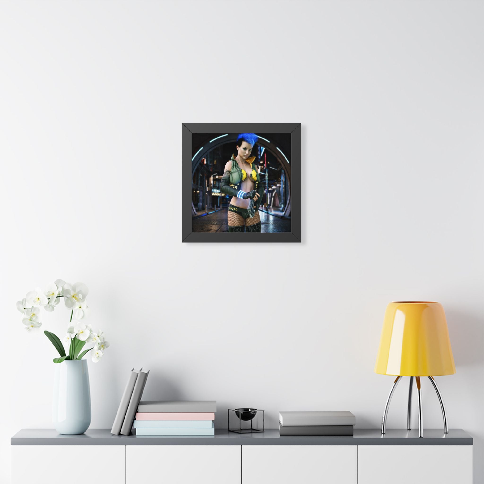 Cyberpunk Bounty Hunter Framed Poster — Futuristic Sci‑Fi Wall Art- No AI- Human created illustration art