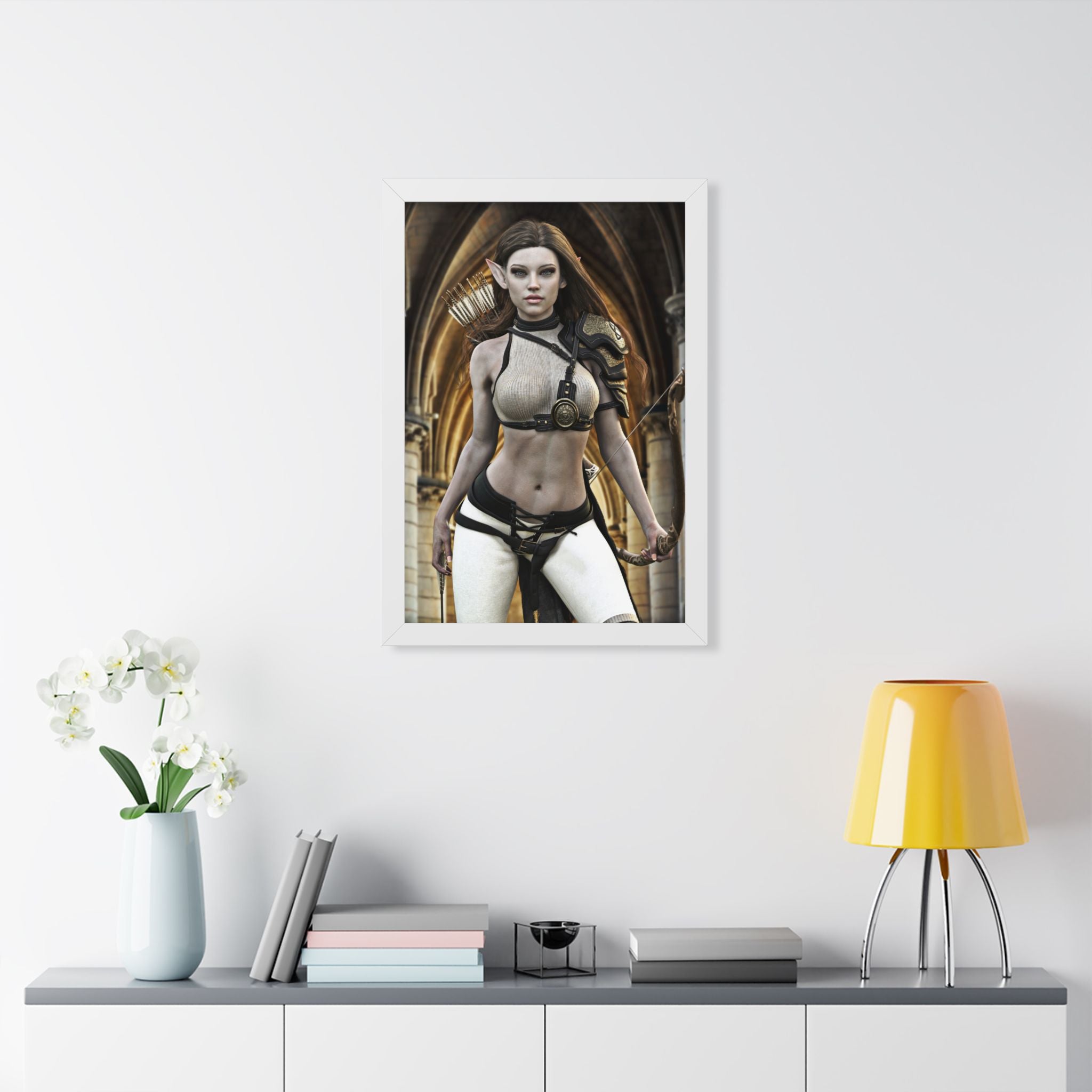 Fantasy Archer Woman Framed Poster — Elven Warrior Vertical Wall Art- No AI - Human created illustration art