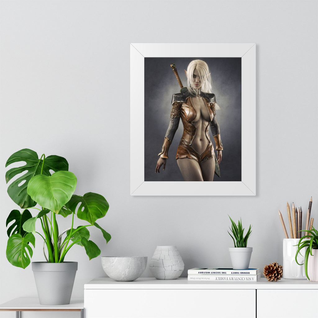 Framed Poster — Fantasy Warrior Woman Art Print (Vertical) - No AI - Human created illustration art