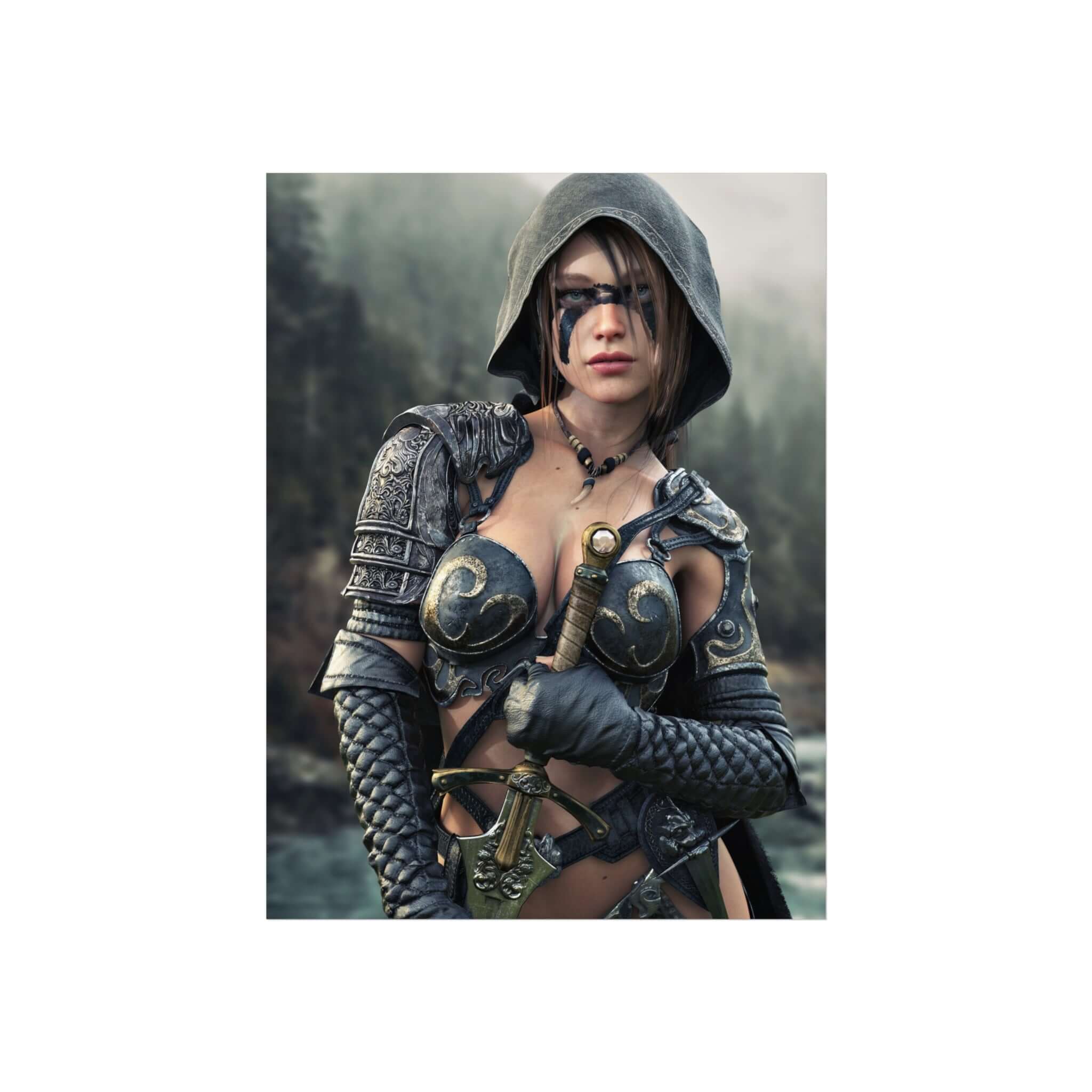 Fantasy ranger wall art Poster featuring a hooded female warrior with face paint, ornate armor, and sword against a misty forest backdrop for fantasy decor.