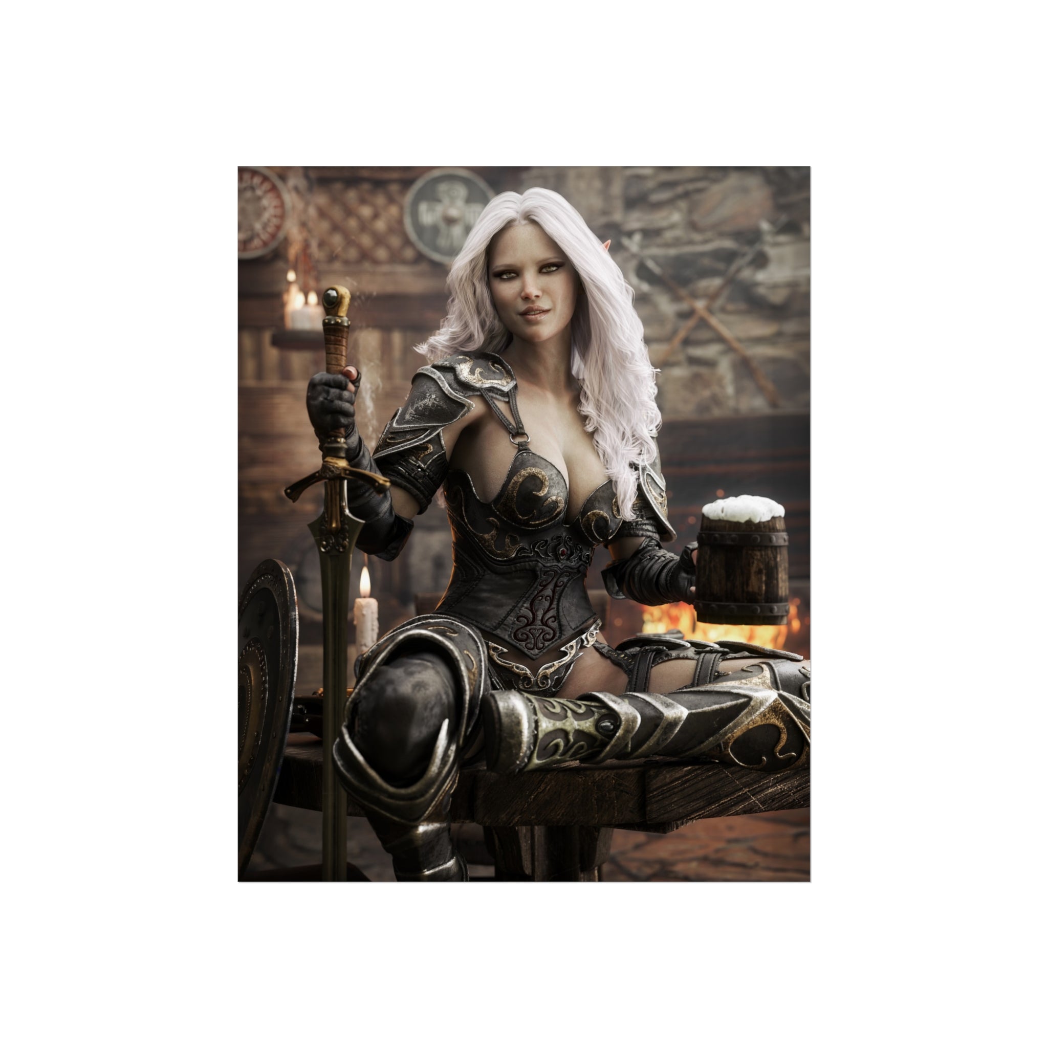 Fantasy Warrior Woman Fine Art Poster — Armored Dark elf Tavern Scene- No AI- Human created illustraion
