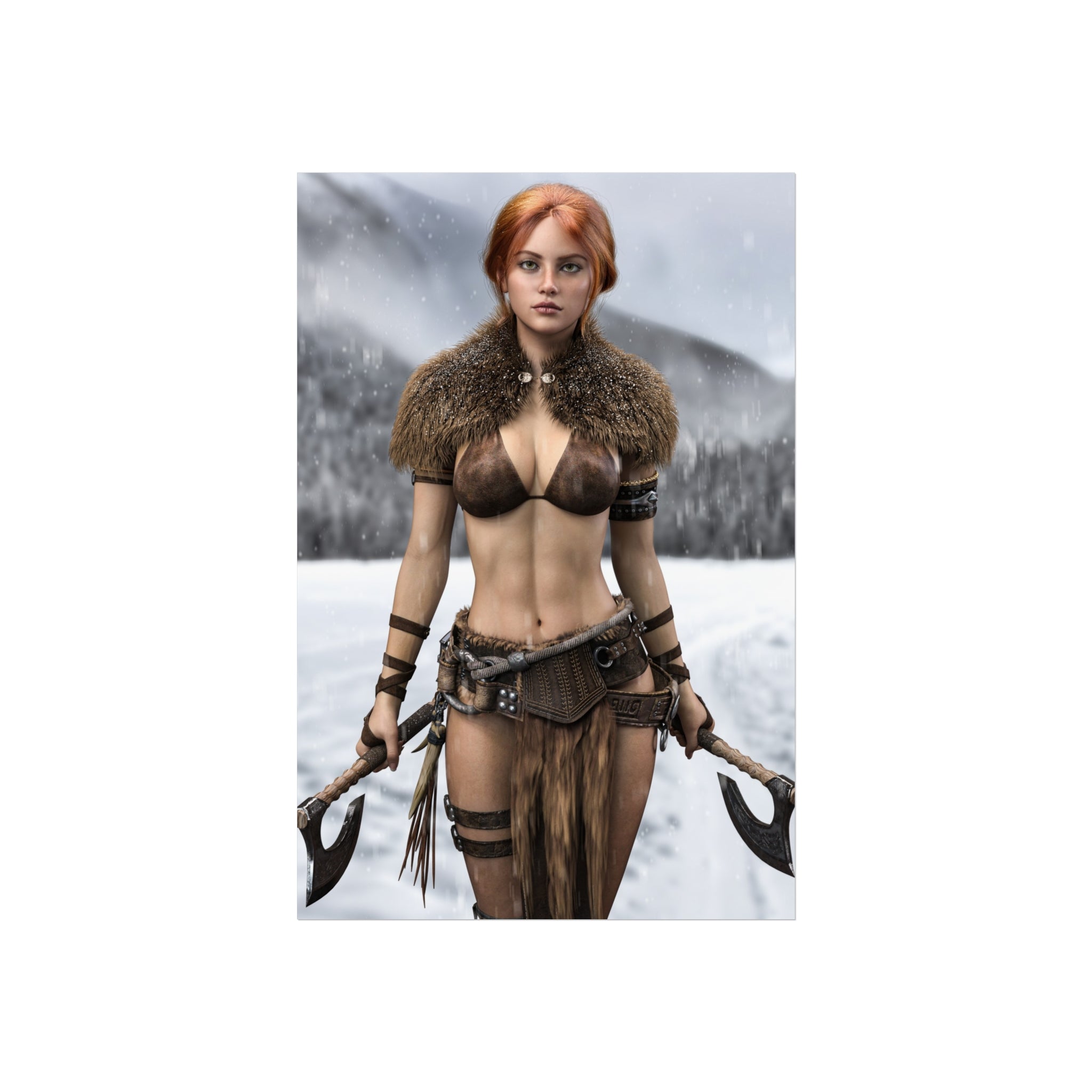 Viking Warrior Woman Fine Art Poster — Red-Haired Norse Axe Fighter Print- No AI- Human created illustration art