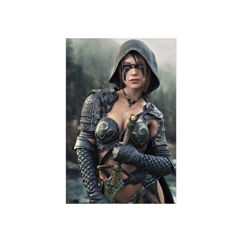 Fantasy ranger wall art Poster featuring a hooded female warrior with face paint, ornate armor, and sword against a misty forest backdrop for fantasy decor.