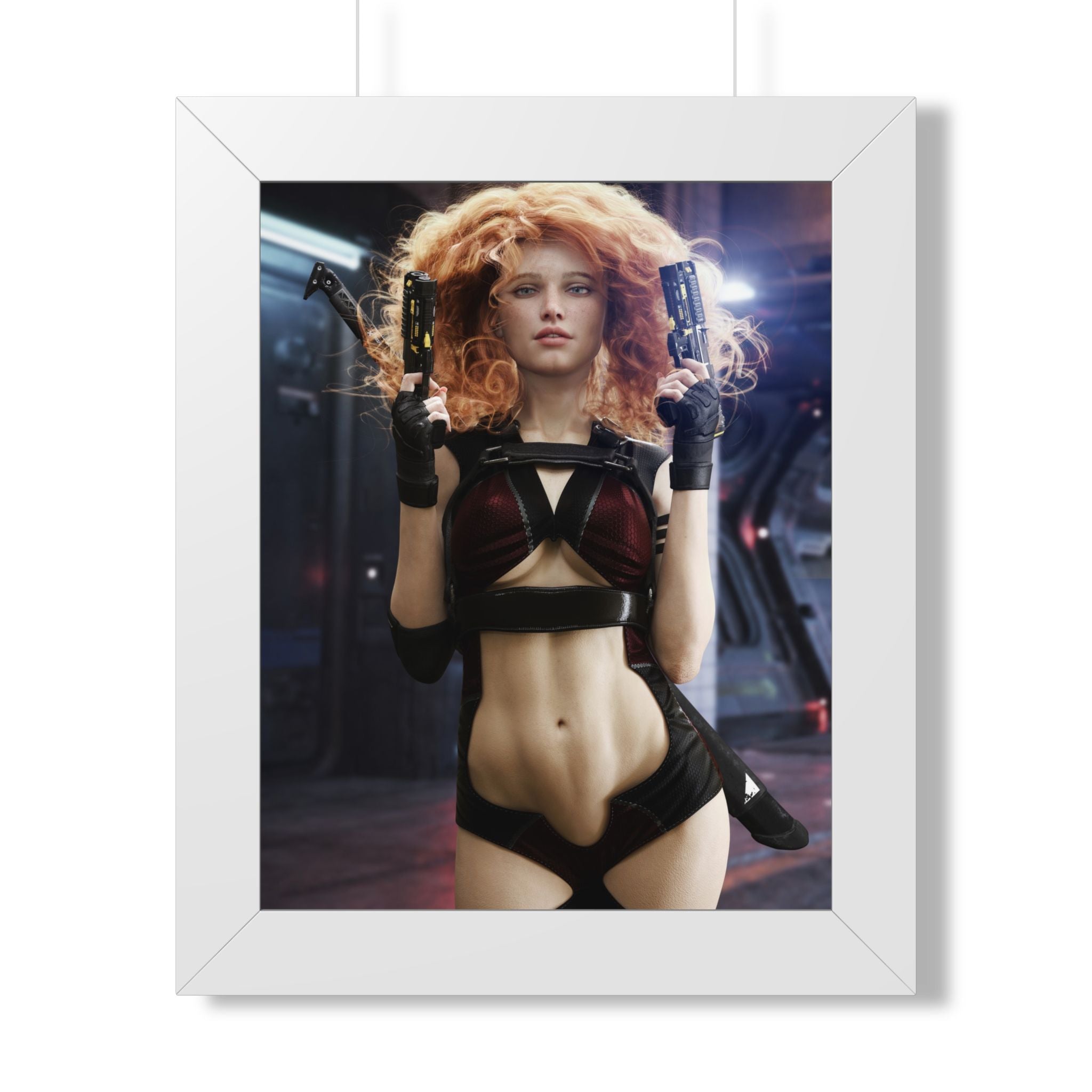 Sci‑Fi Femme Fatale Framed Poster — Cyberpunk Redhead with Dual Blasters- No AI- Human created illustration art
