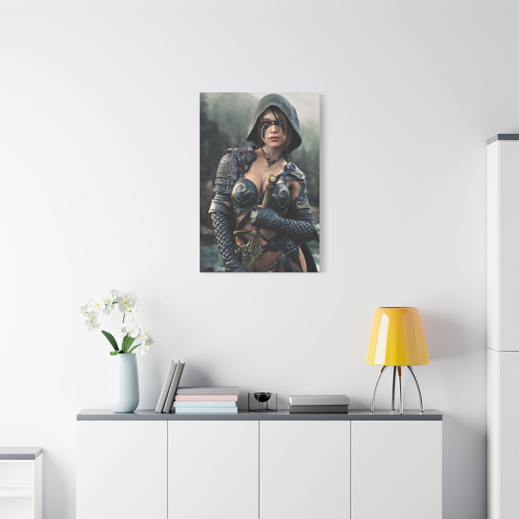 Fantasy ranger wall art featuring a hooded female warrior with face paint, ornate armor, and sword against a misty forest backdrop for fantasy decor.