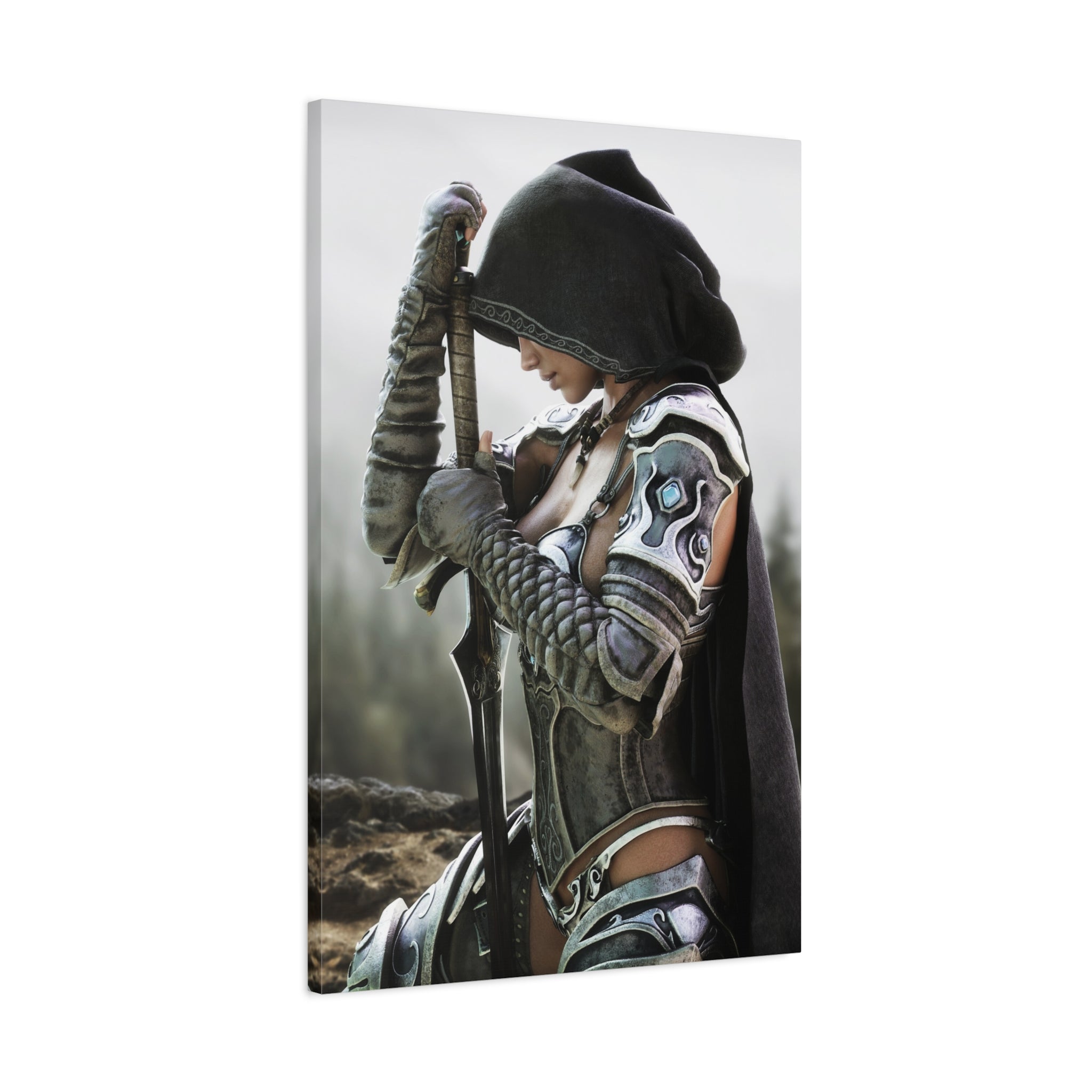 Fantasy Warrior Canvas Print — Hooded Female Knight Matte Stretched Wall Art- No AI- Human created fantasy art