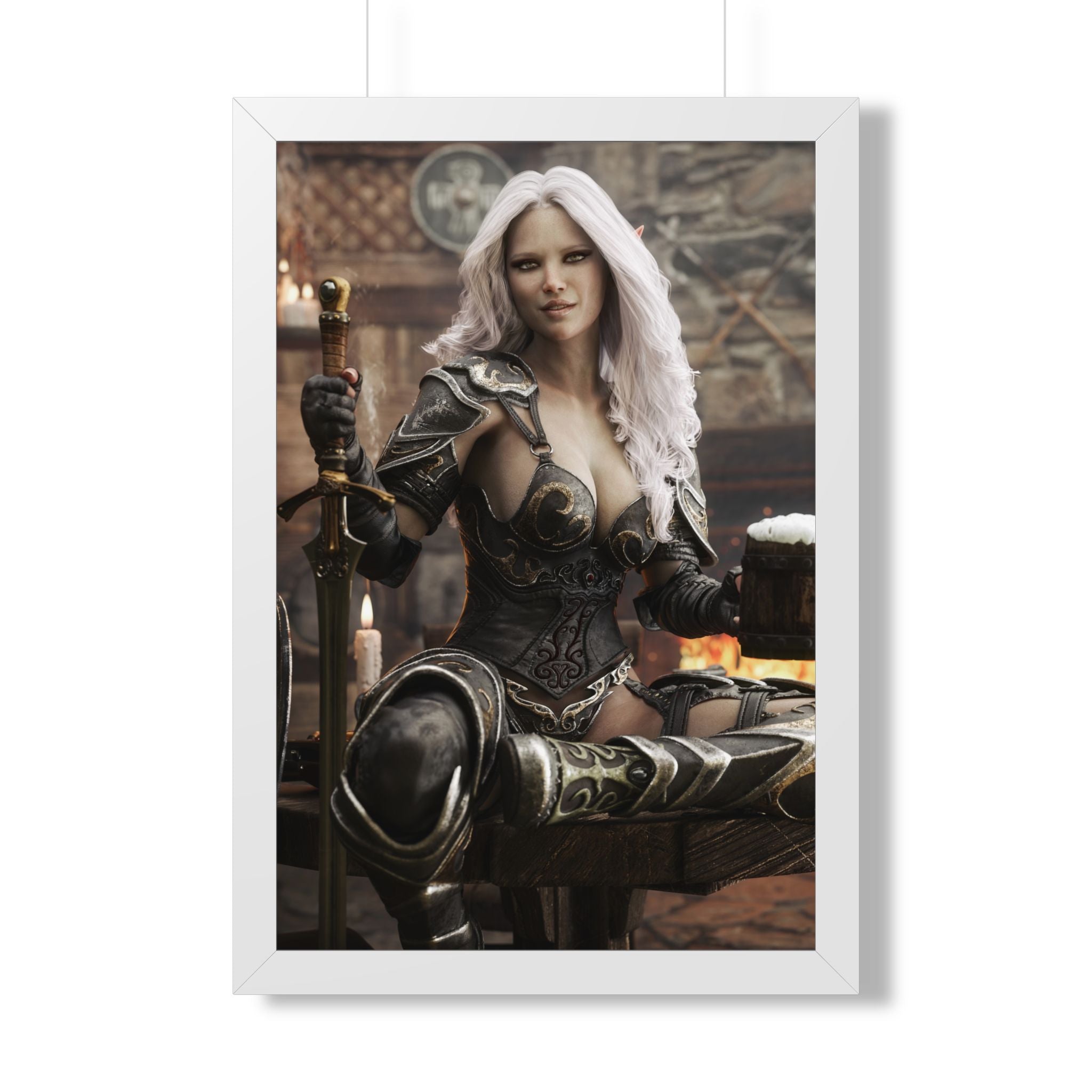 Fantasy Warrior Woman Framed Poster — Medieval Armor in Tavern Art Print- No AI- Human created illustration art