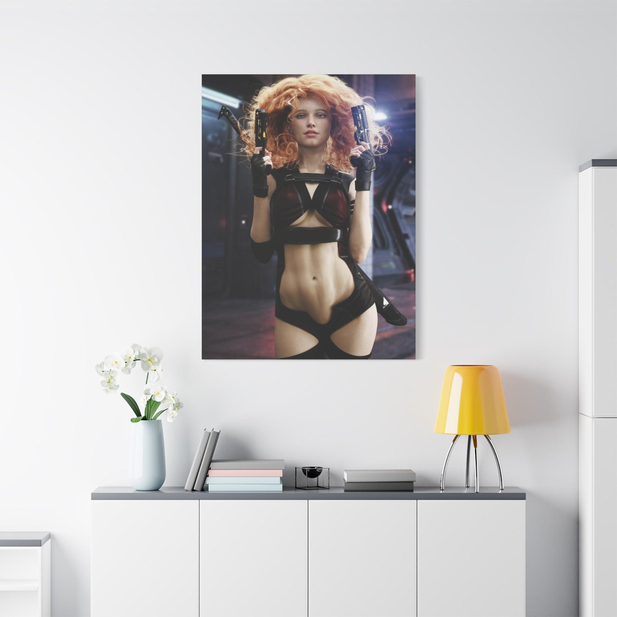 Sci‑Fi Femme Fatale Canvas Print — Red‑Haired Space Gunslinger Matte Stretched- No AI - Human created illustration art
