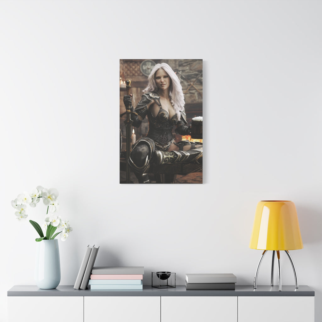 Fantasy Warrior Woman Canvas Print — Armored Dark elf in Tavern Portrait-No AI- Human created illustration art