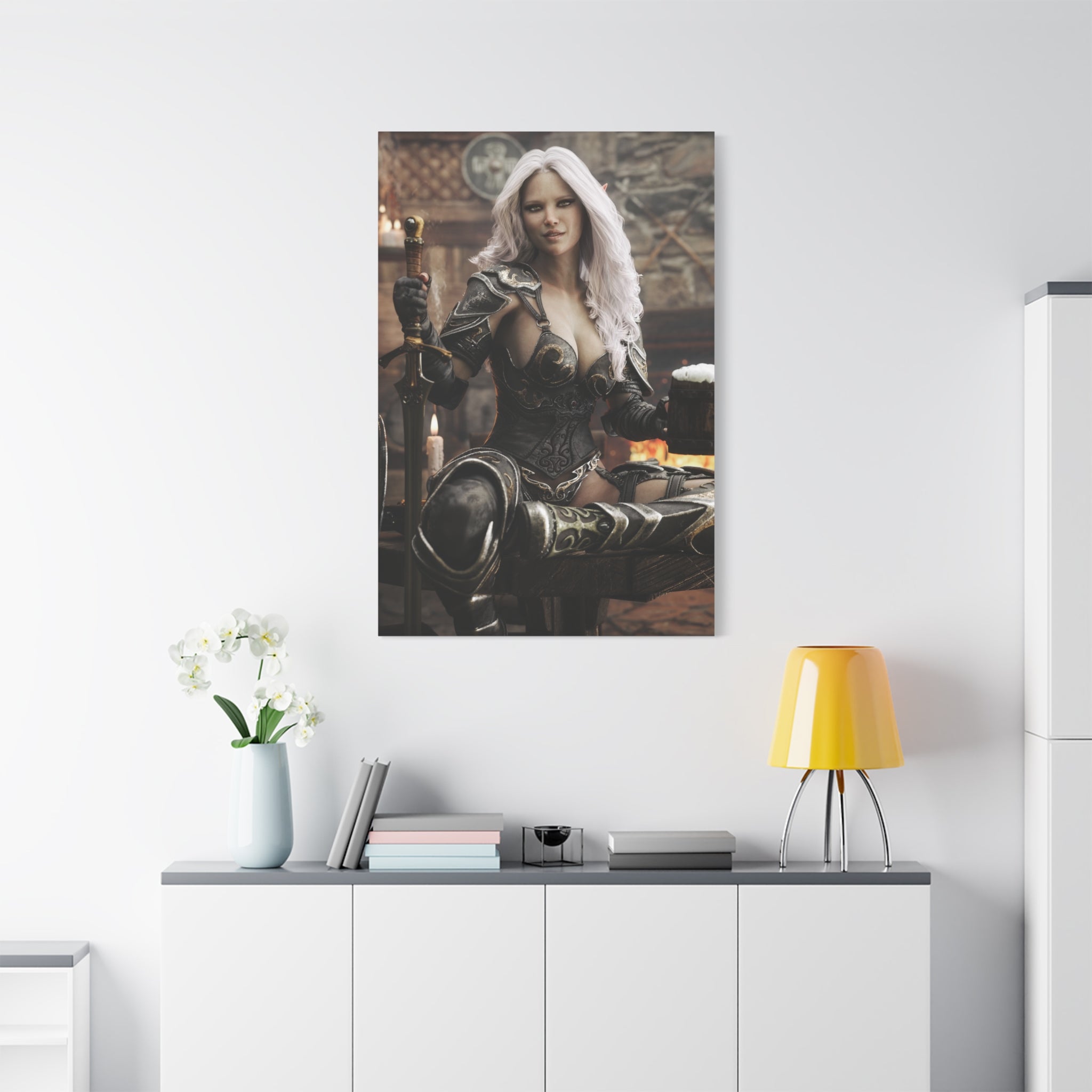 Fantasy Warrior Woman Canvas Print — Armored Dark elf in Tavern Portrait-No AI- Human created illustration art