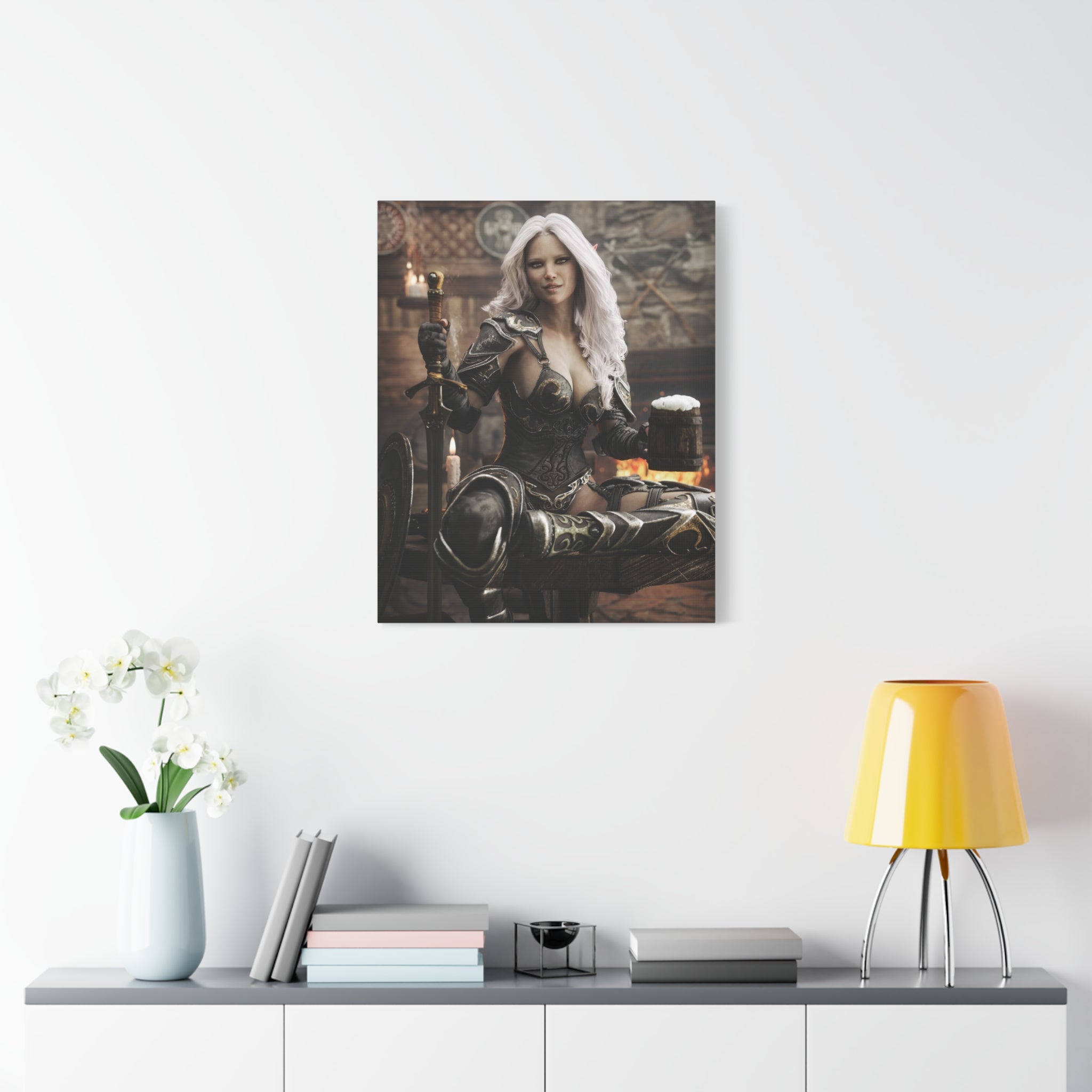 Fantasy Warrior Woman Canvas Print — Armored Dark elf in Tavern Portrait-No AI- Human created illustration art