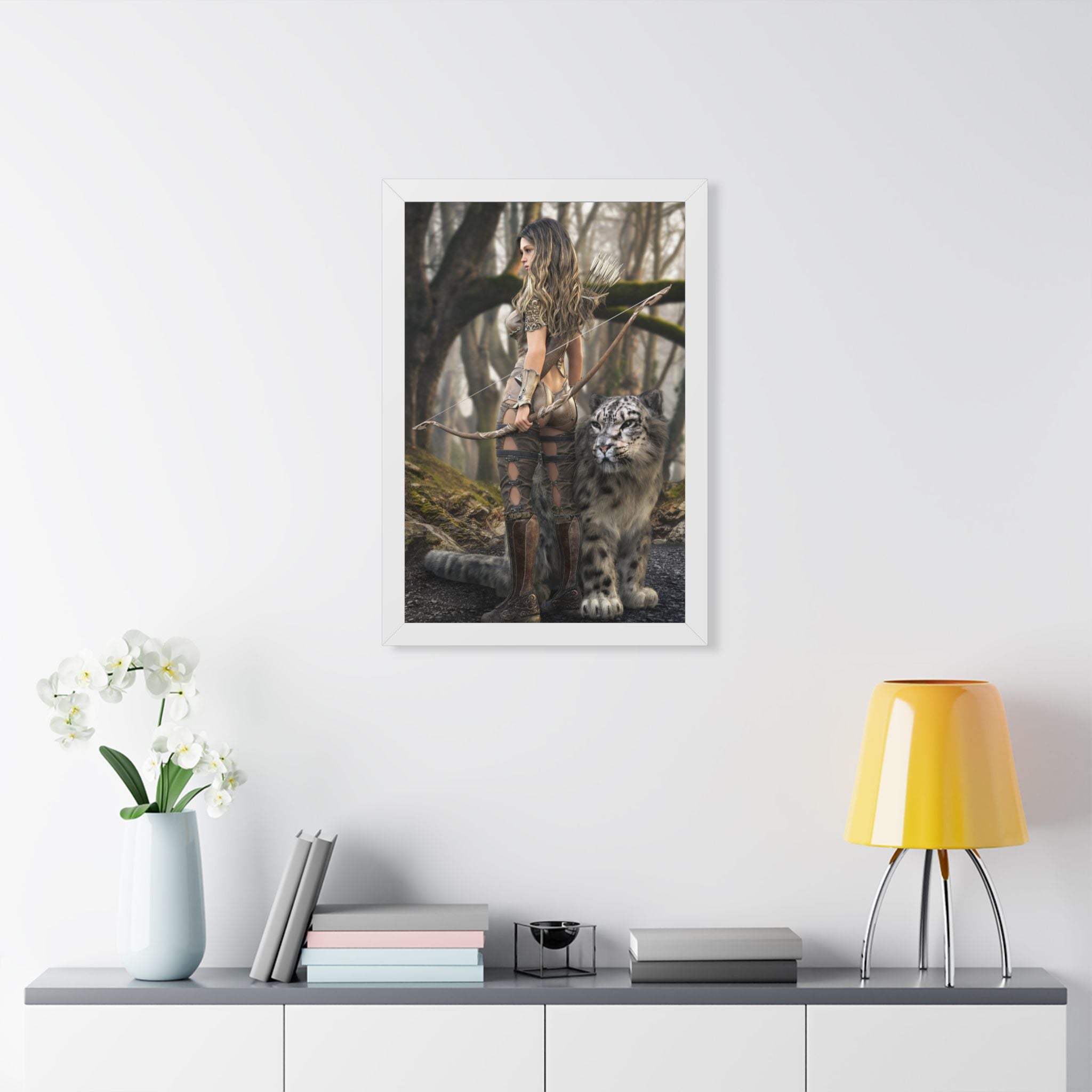 Framed Poster — Forest Huntress with Leopard Fantasy Art