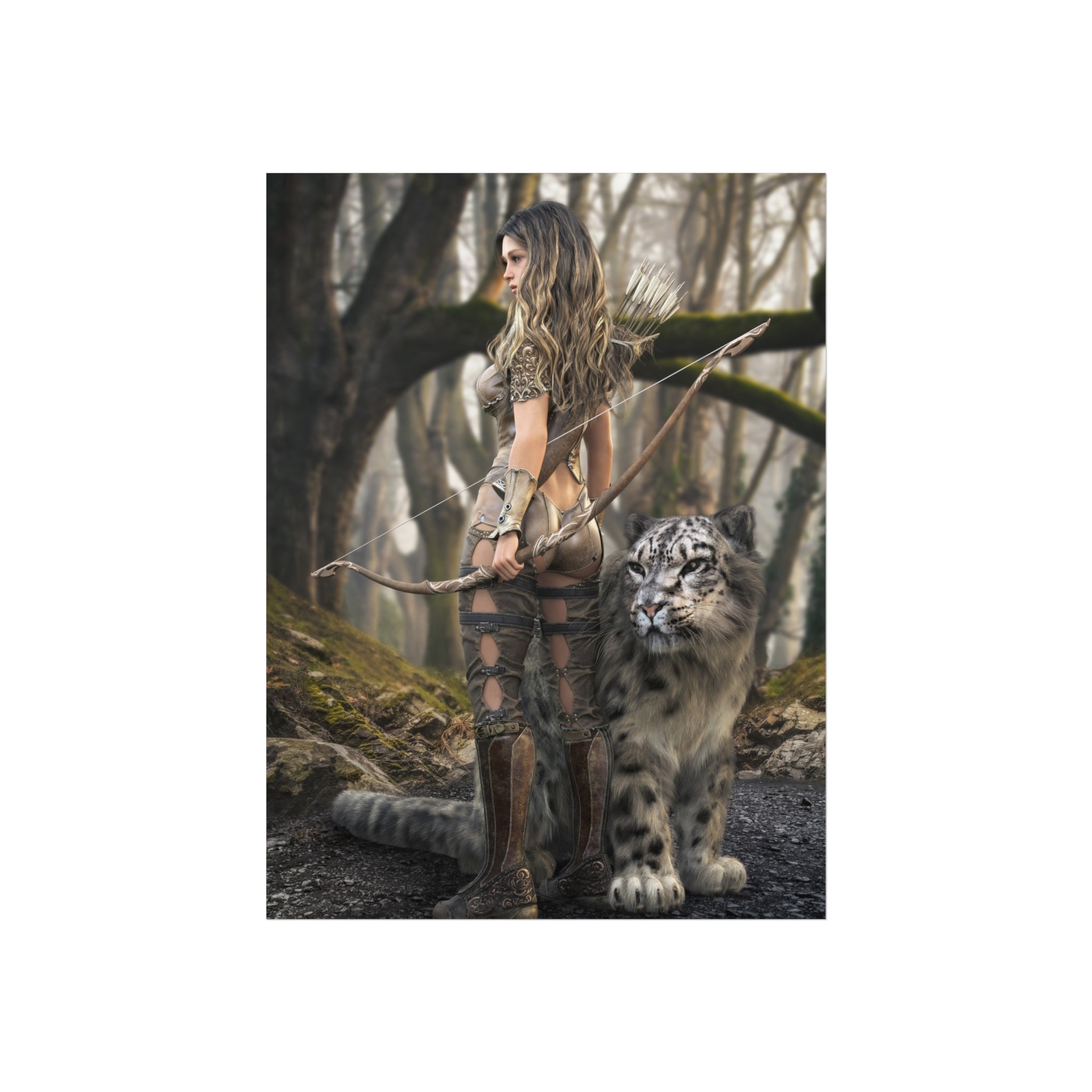 Warrior Archer &  leopard Fine Art Poster - Fantasy Forest Wall Art