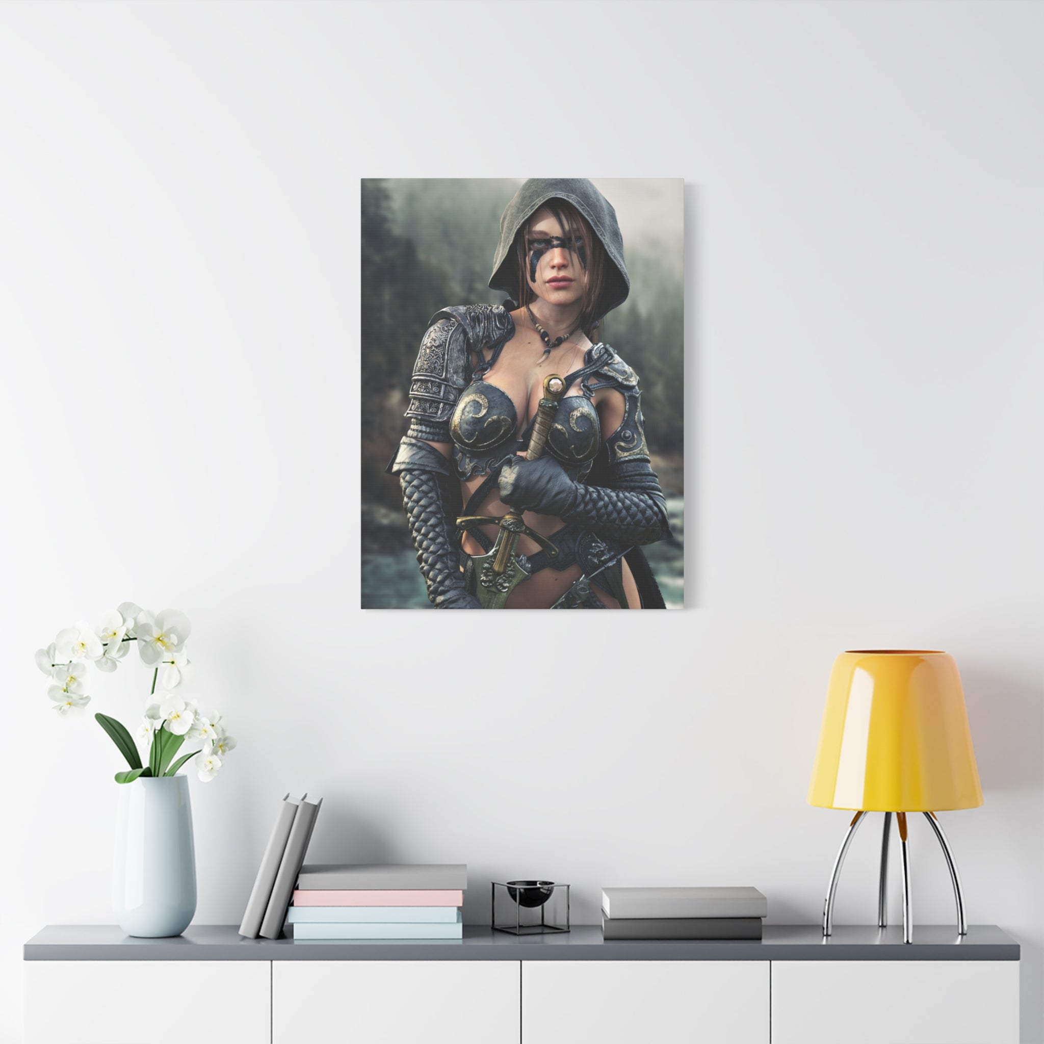 Fantasy ranger wall art featuring a hooded female warrior with face paint, ornate armor, and sword against a misty forest backdrop for fantasy decor.