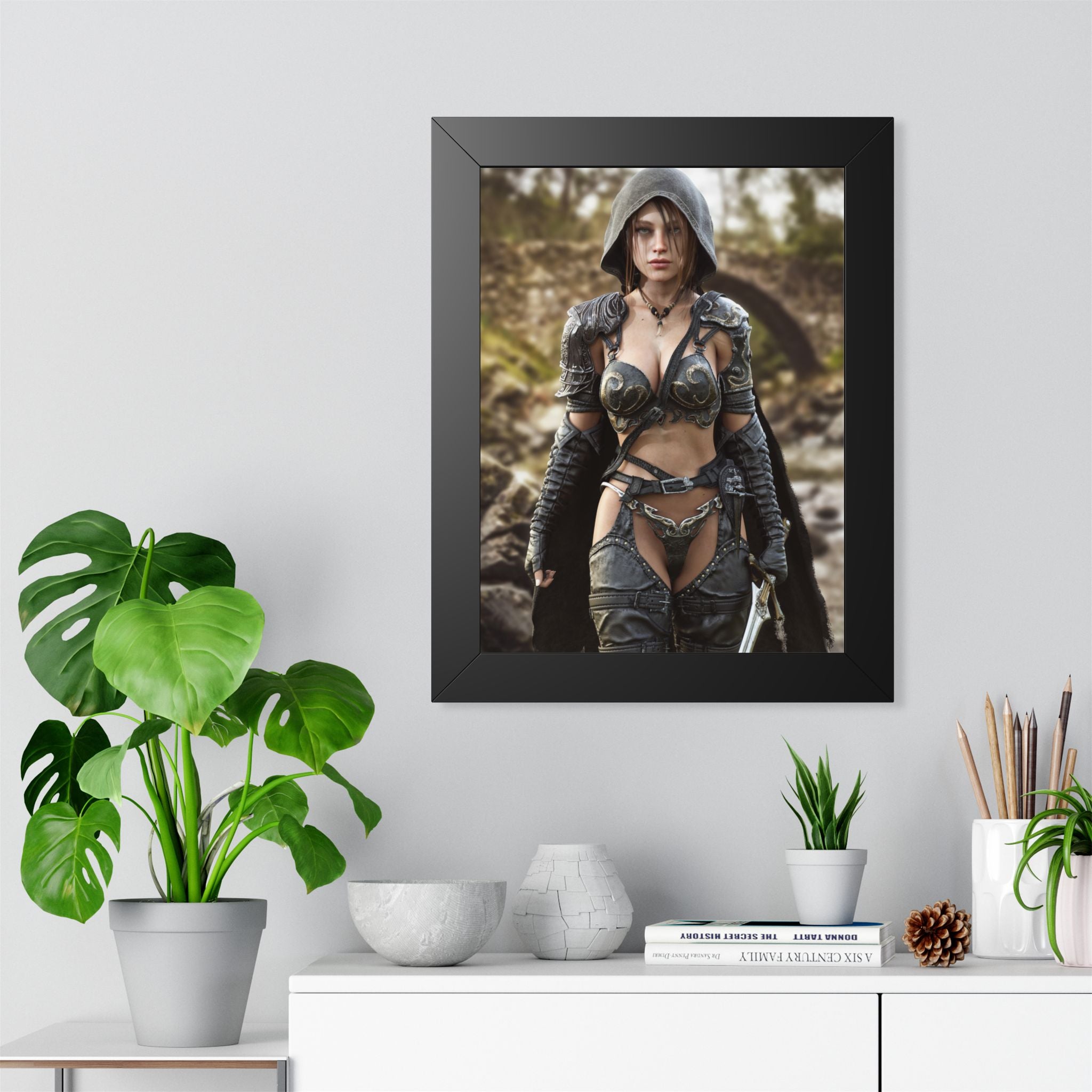 Framed Poster — Fantasy Warrior Woman Ranger Art Print (Vertical) - No AI- Human created illustration art