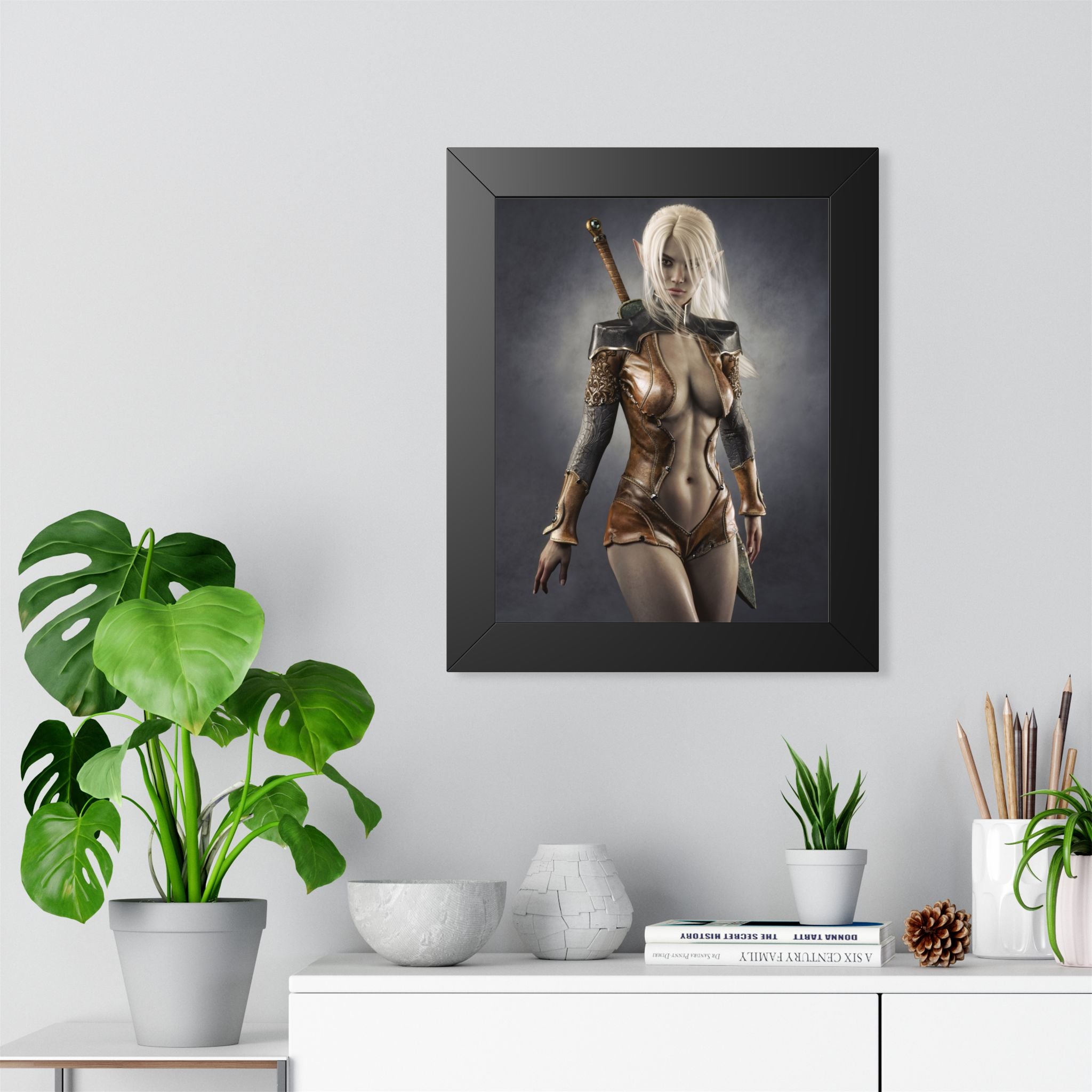 Framed Poster — Fantasy Warrior Woman Art Print (Vertical) - No AI - Human created illustration art