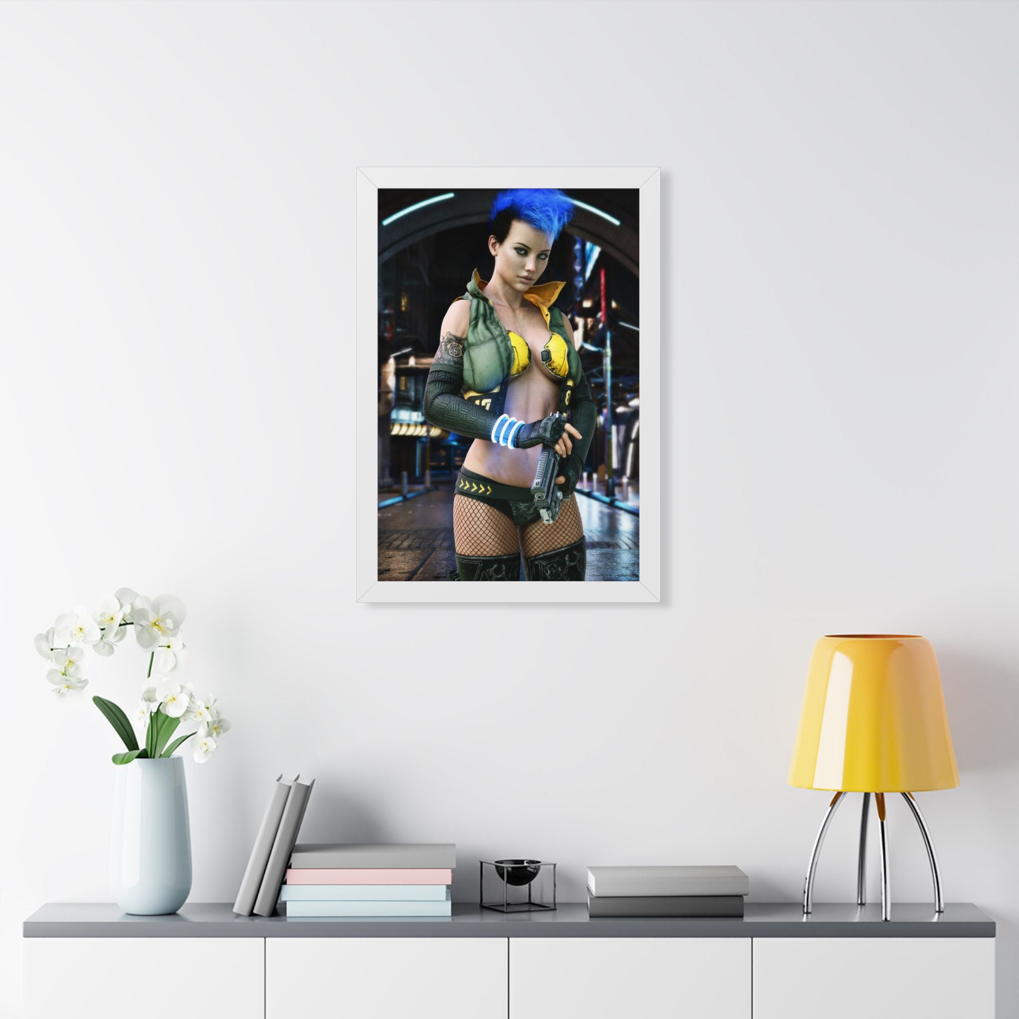 Cyberpunk Bounty Hunter Framed Poster — Futuristic Sci‑Fi Wall Art- No AI- Human created illustration art