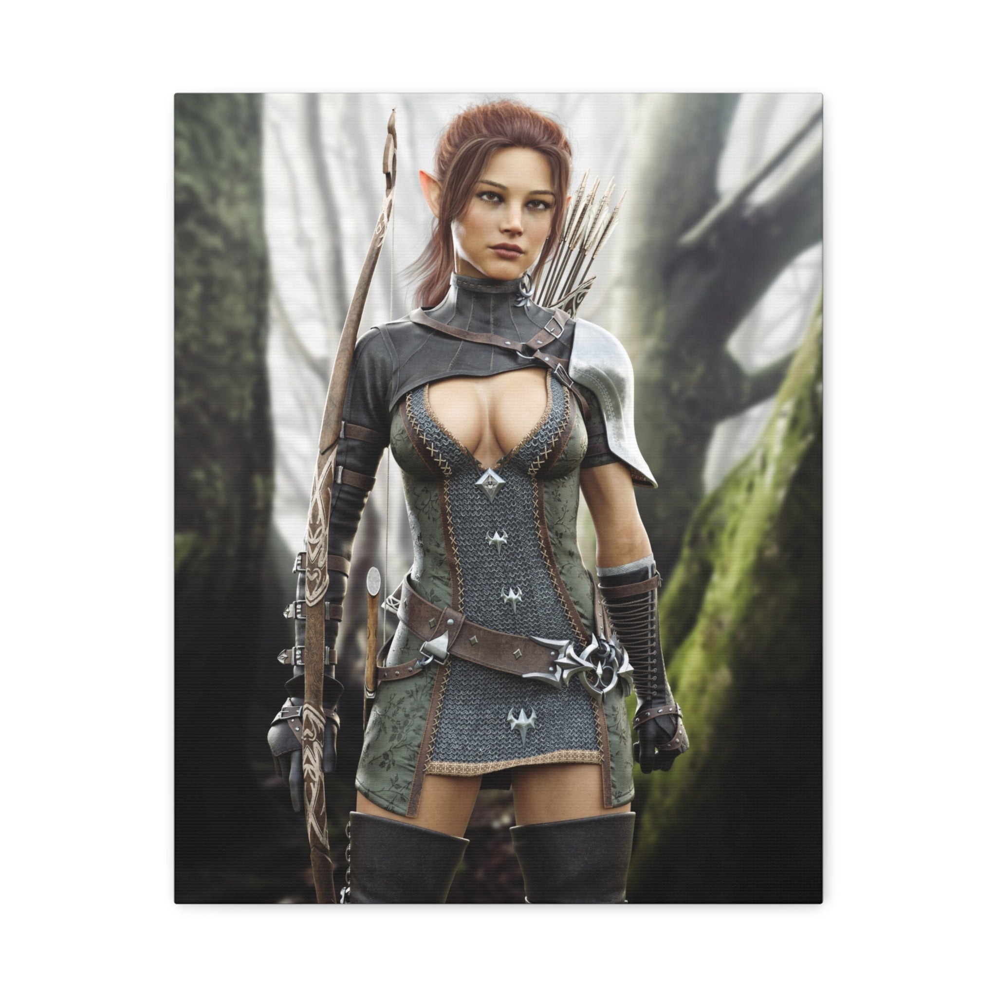 Fantasy Wood Elf Archer Warrior Canvas Print — Matte Stretched Wall Art - No Ai - human created illustration art