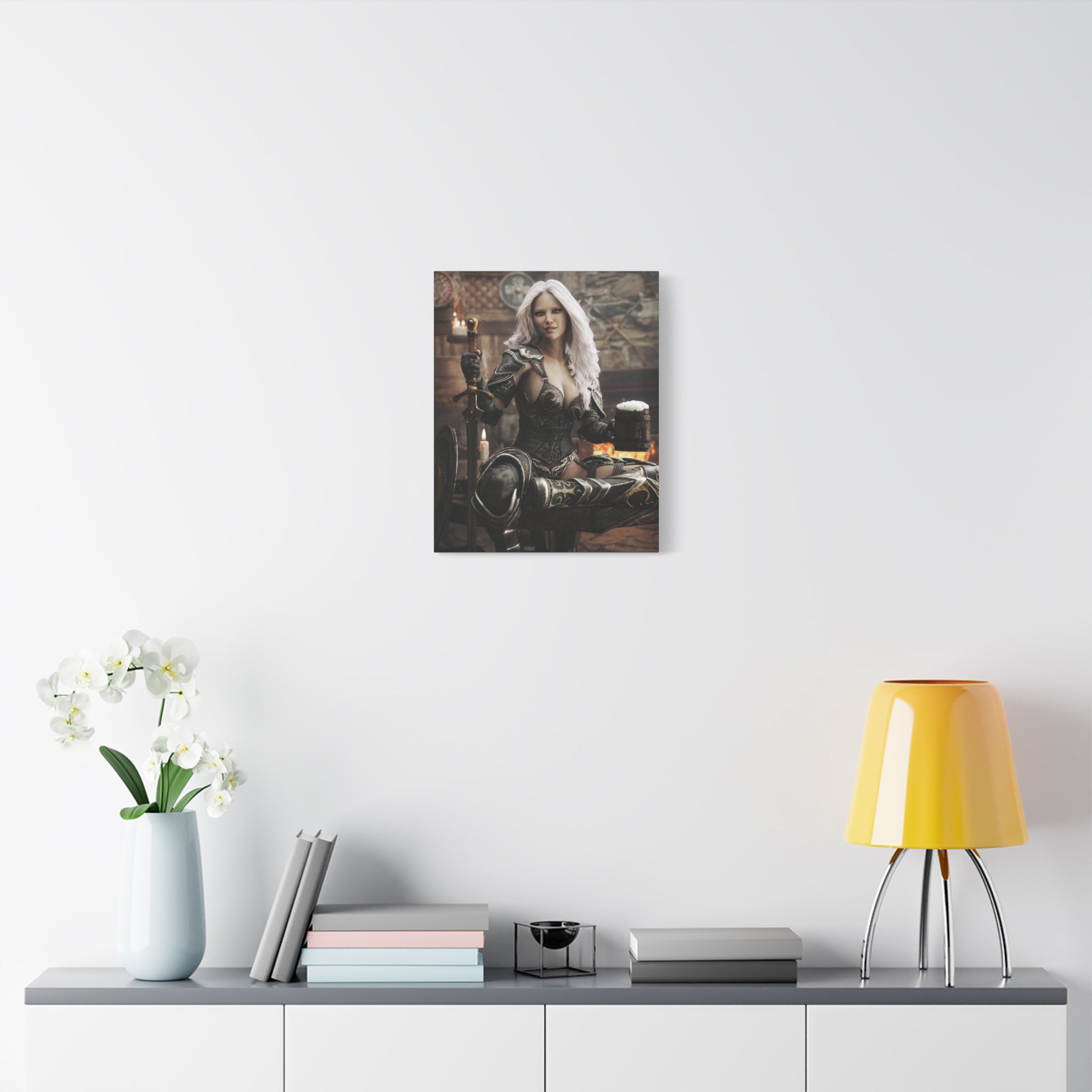 Fantasy Warrior Woman Canvas Print — Armored Dark elf in Tavern Portrait-No AI- Human created illustration art