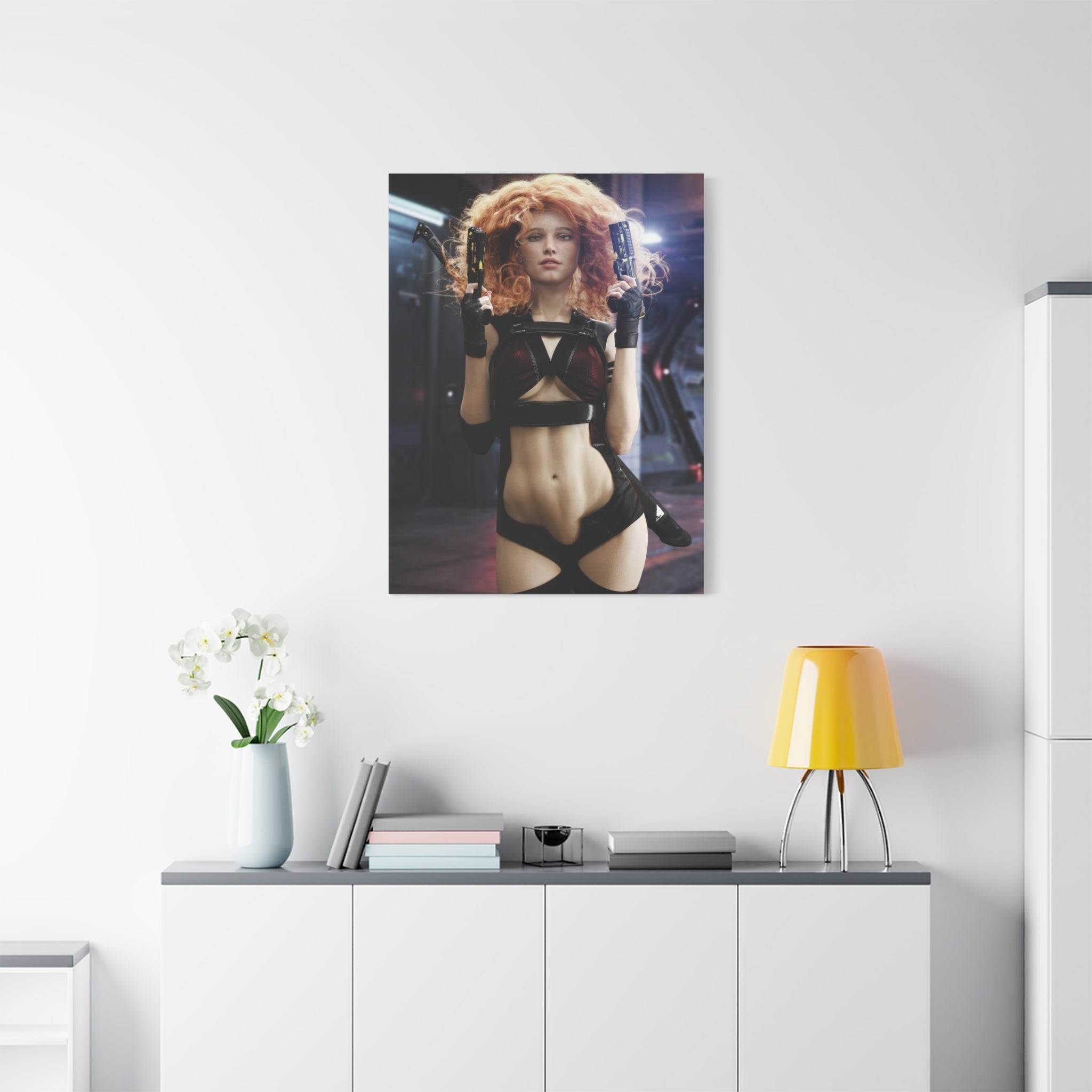 Sci‑Fi Femme Fatale Canvas Print — Red‑Haired Space Gunslinger Matte Stretched- No AI - Human created illustration art