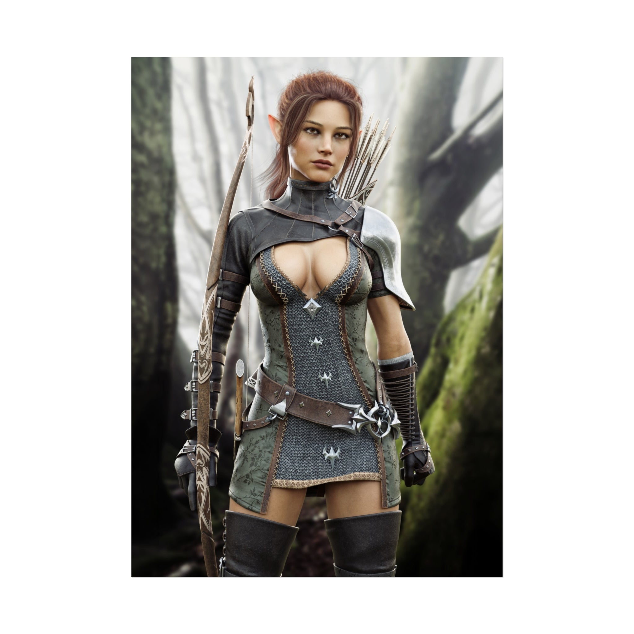 Fantasy Wood Elf Archer Warrior Fine Art Poster — Female Ranger Wall Art- No AI- Human created illustration art